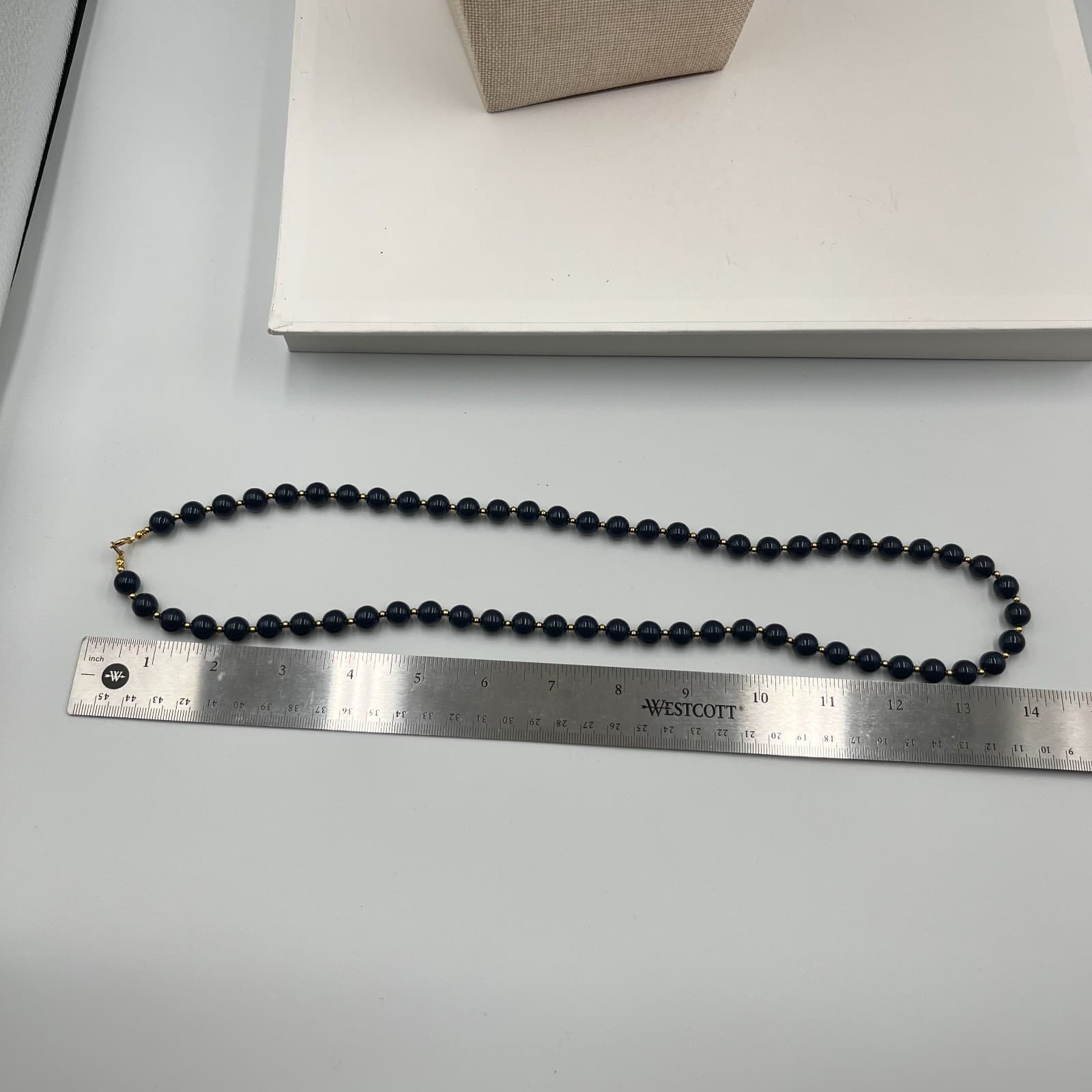 Vintage Black Beaded Necklace Gold Tone Spacer Beads Round Jewelry 24" Strand - Thumbnail 7