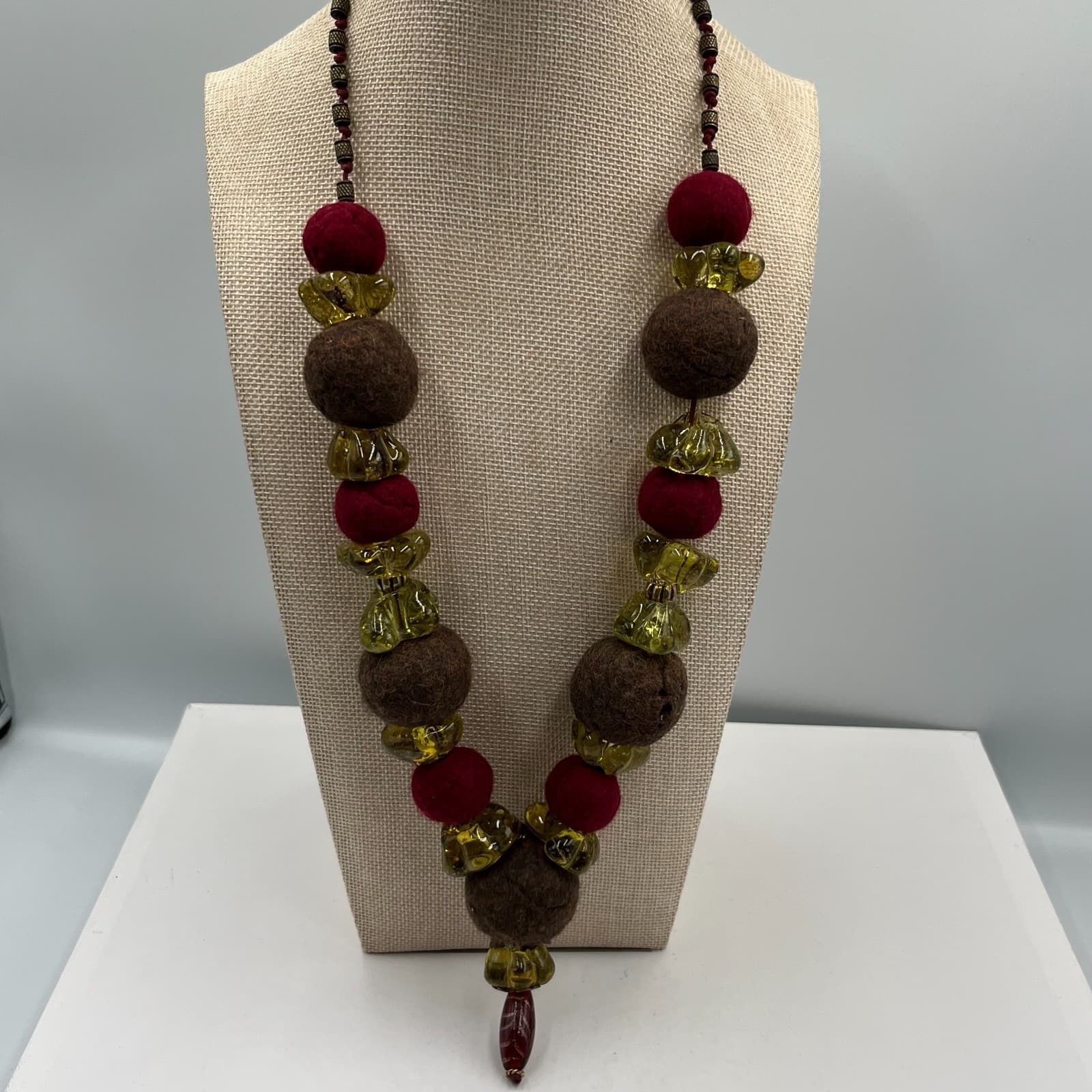 Vintage Felt Ball Art Glass Bead Necklace Statement Boho Artisan Textile Jewelry - Image 1