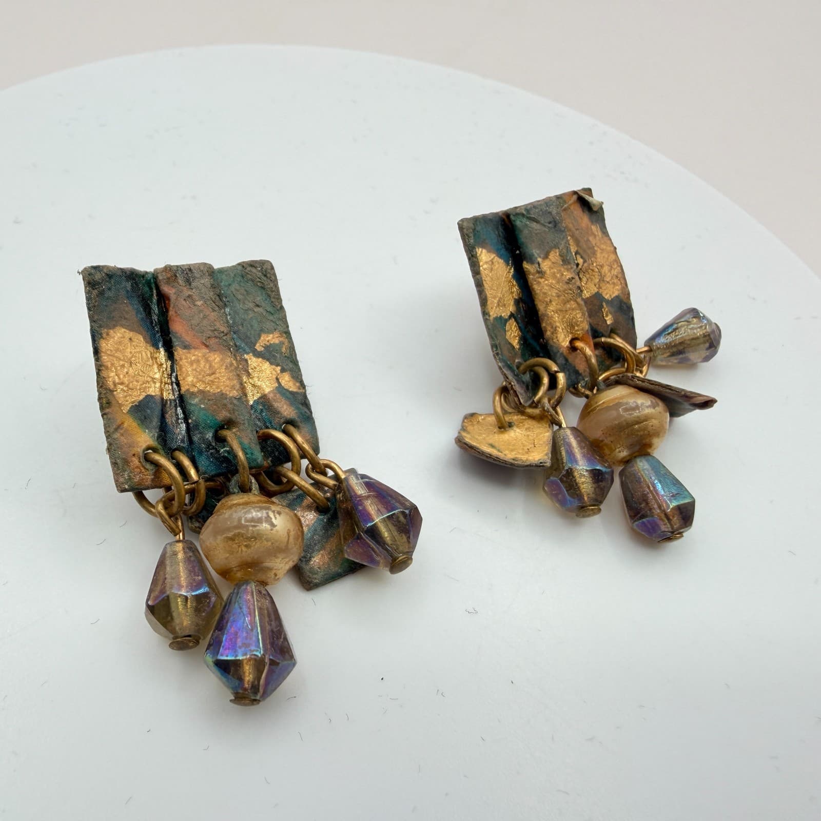 Vintage 80s Copper & Gold Tone Leaf Dangle Earrings Iridescent Beaded Jewelry - Thumbnail 7