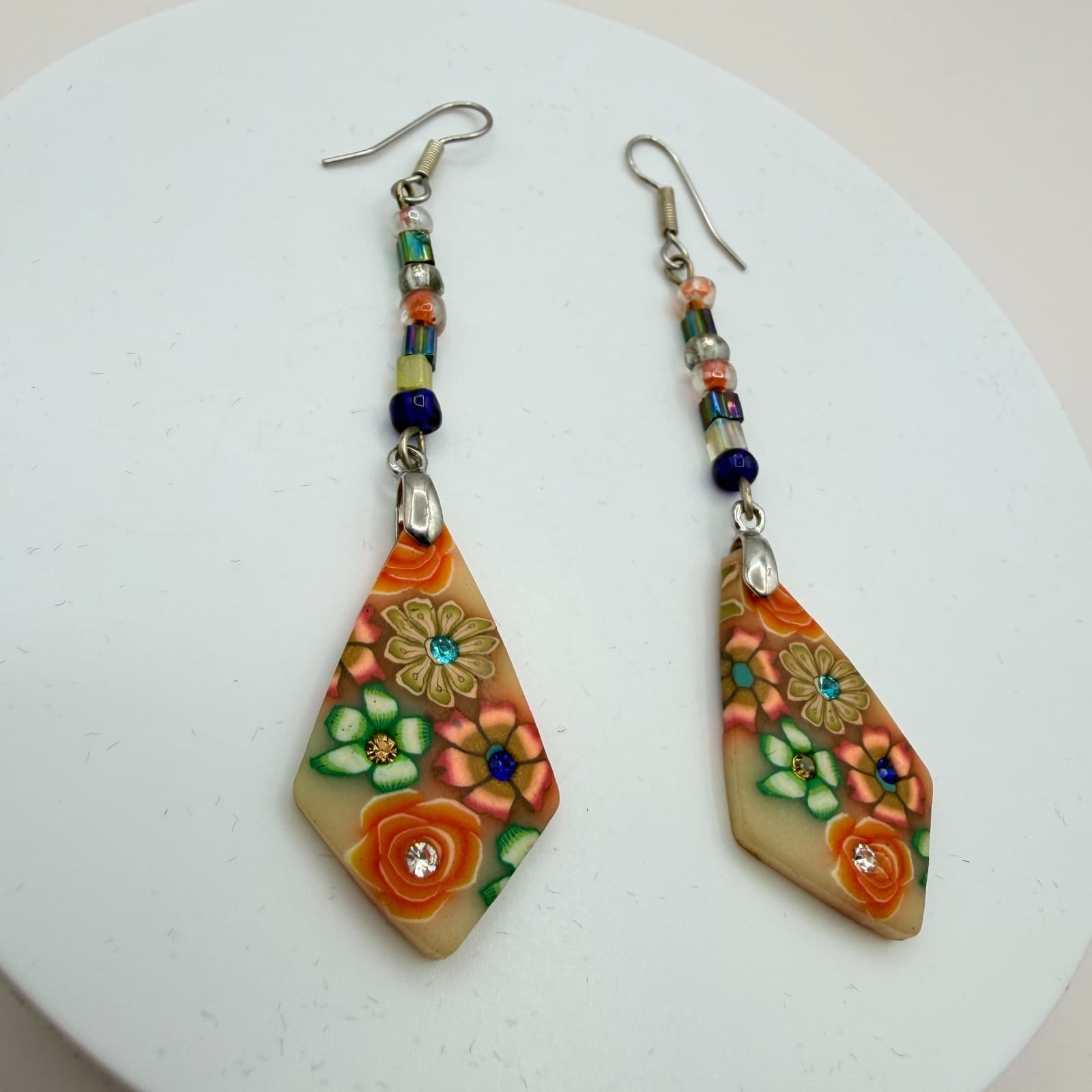 Vintage 80s Exquisite Millefiori Style Polymer Clay Mosaic Earrings Jewelry - Thumbnail 4