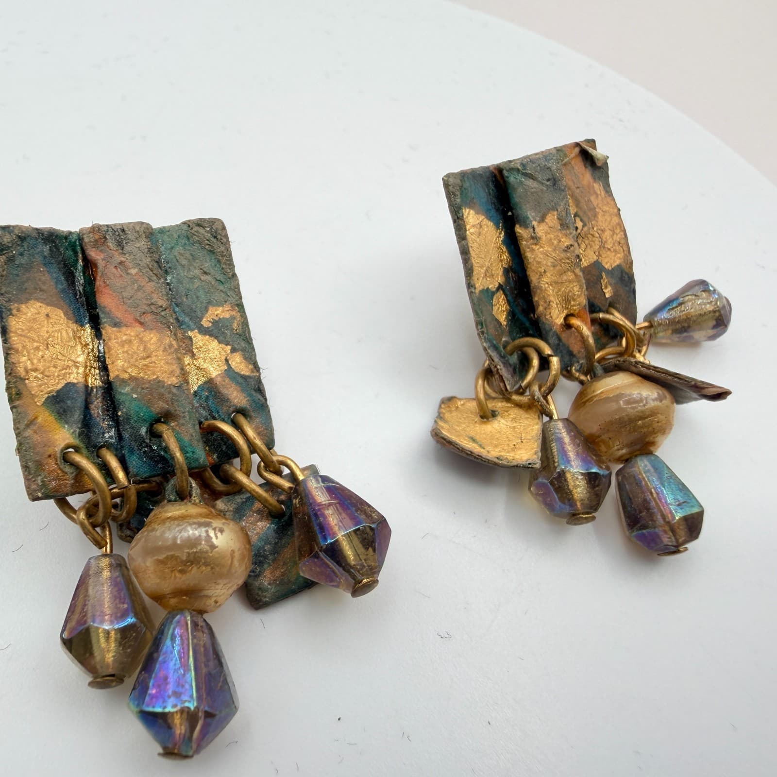 Vintage 80s Copper & Gold Tone Leaf Dangle Earrings Iridescent Beaded Jewelry - Thumbnail 6