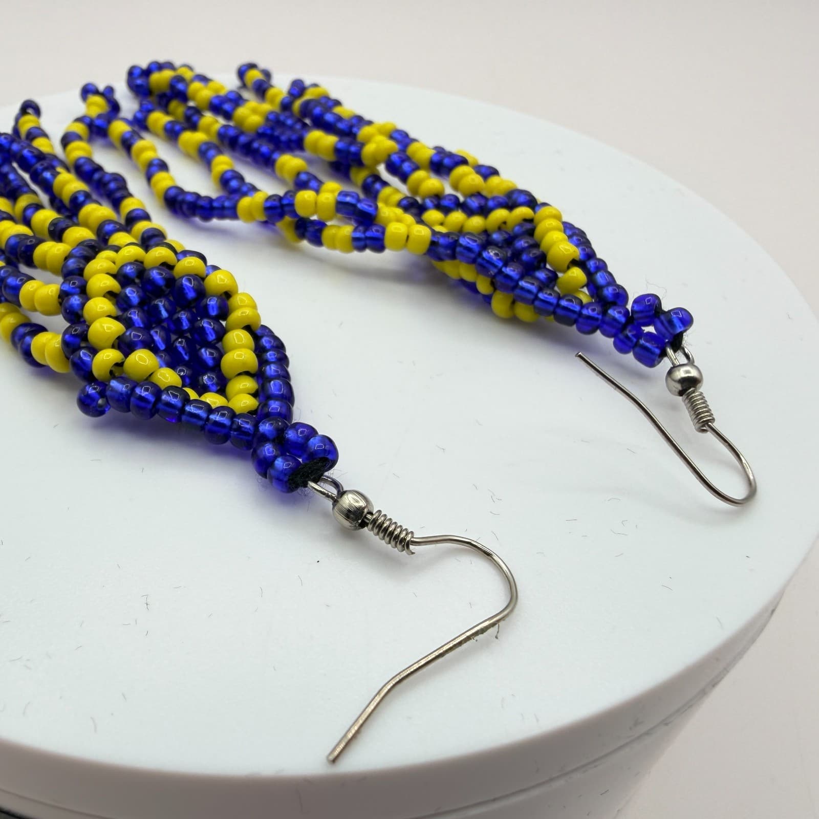 Vintage 80s Ukrainian Flag Beaded Earrings Blue & Yellow Statement Pair Jewelry - Thumbnail 6
