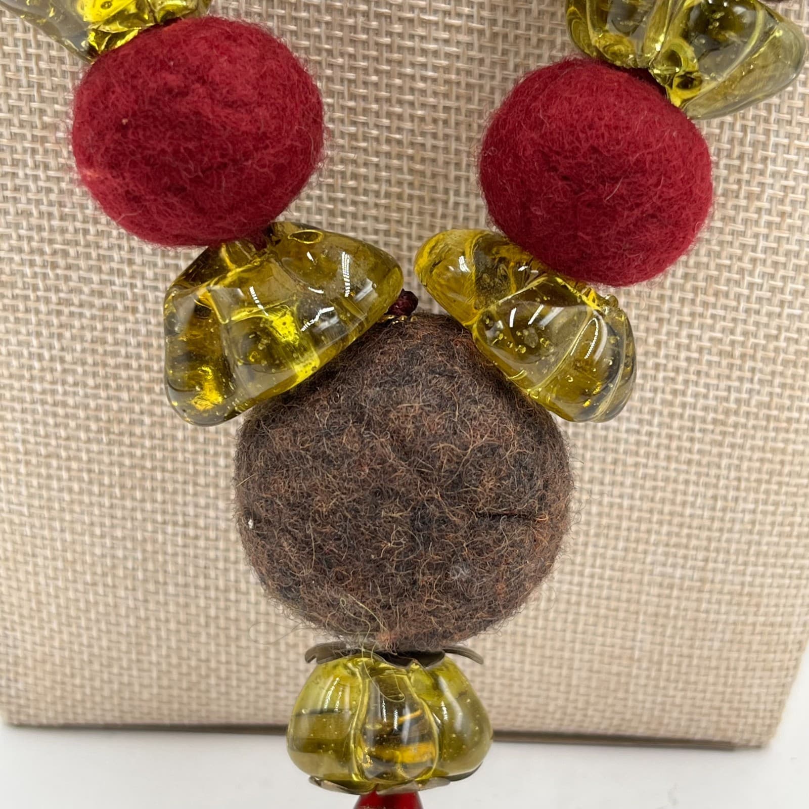 Vintage Felt Ball Art Glass Bead Necklace Statement Boho Artisan Textile Jewelry - Thumbnail 4