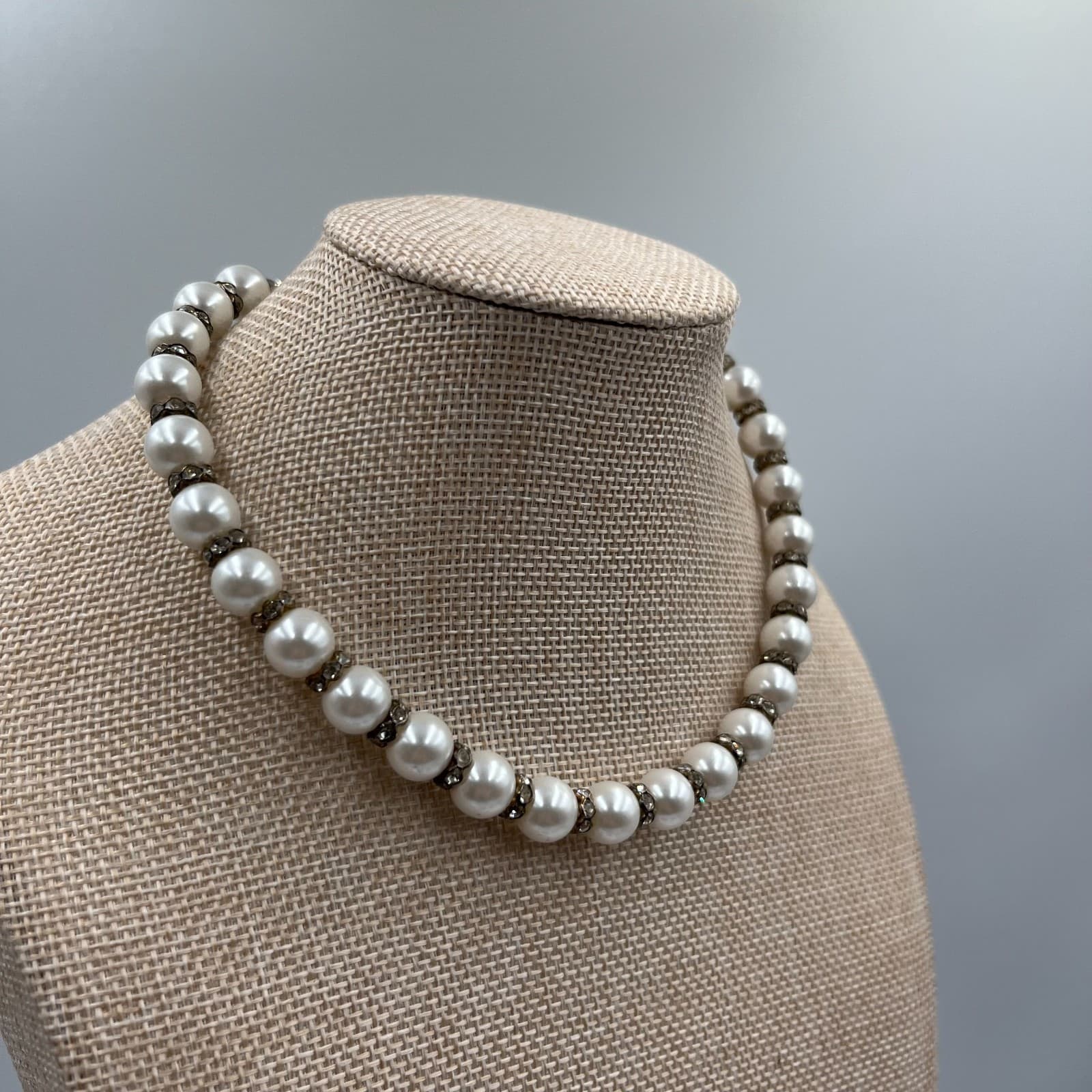 Vintage 3-Strand Faux Pearl Necklace Rhinestone Rondelles Wedding Jewelry 1950s - Thumbnail 3