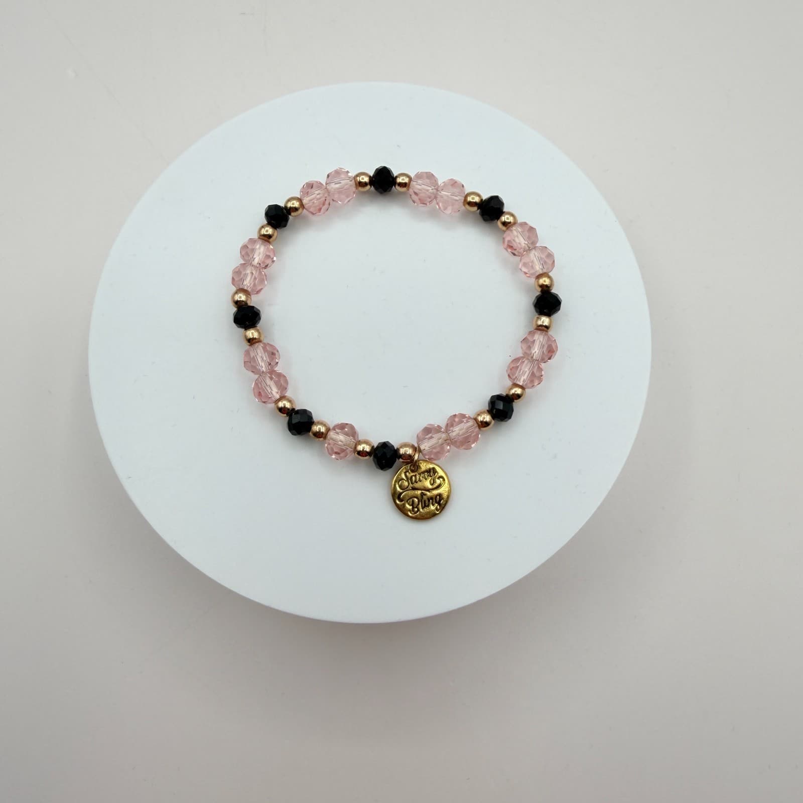 Vintage Y2K Savvy Bling Pink Black Faceted Bead Stretch Bracelet Boho Jewelry - Thumbnail 9