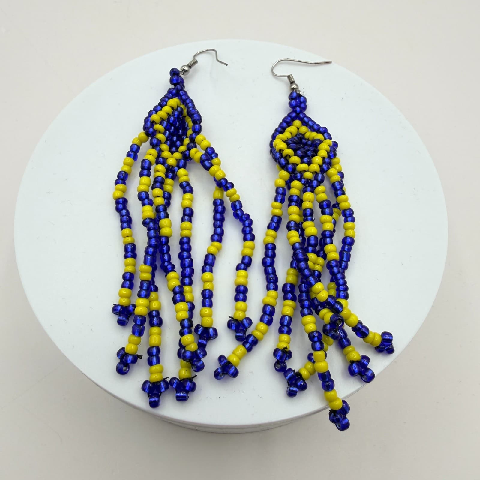 Vintage 80s Ukrainian Flag Beaded Earrings Blue & Yellow Statement Pair Jewelry - Thumbnail 3