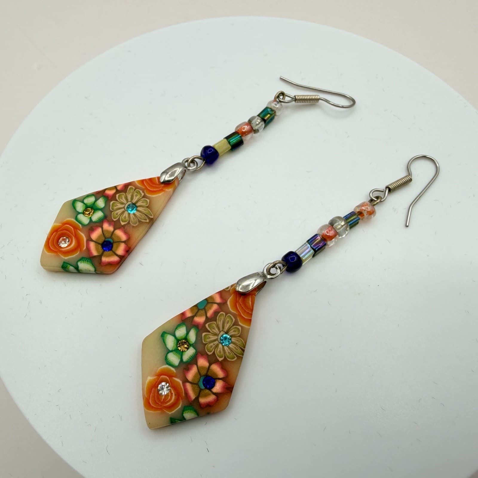 Vintage 80s Exquisite Millefiori Style Polymer Clay Mosaic Earrings Jewelry - Thumbnail 8