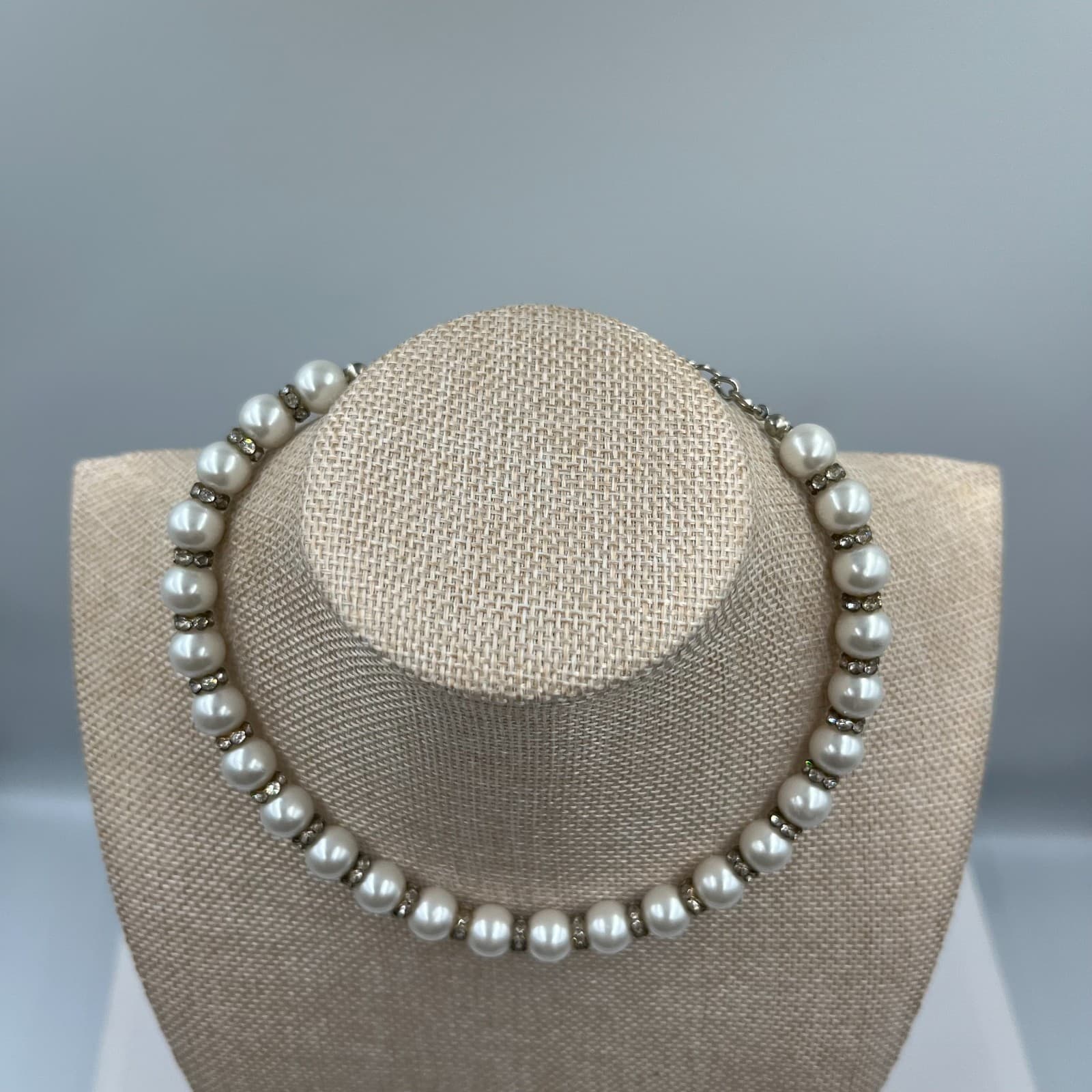 Vintage 3-Strand Faux Pearl Necklace Rhinestone Rondelles Wedding Jewelry 1950s - Thumbnail 2
