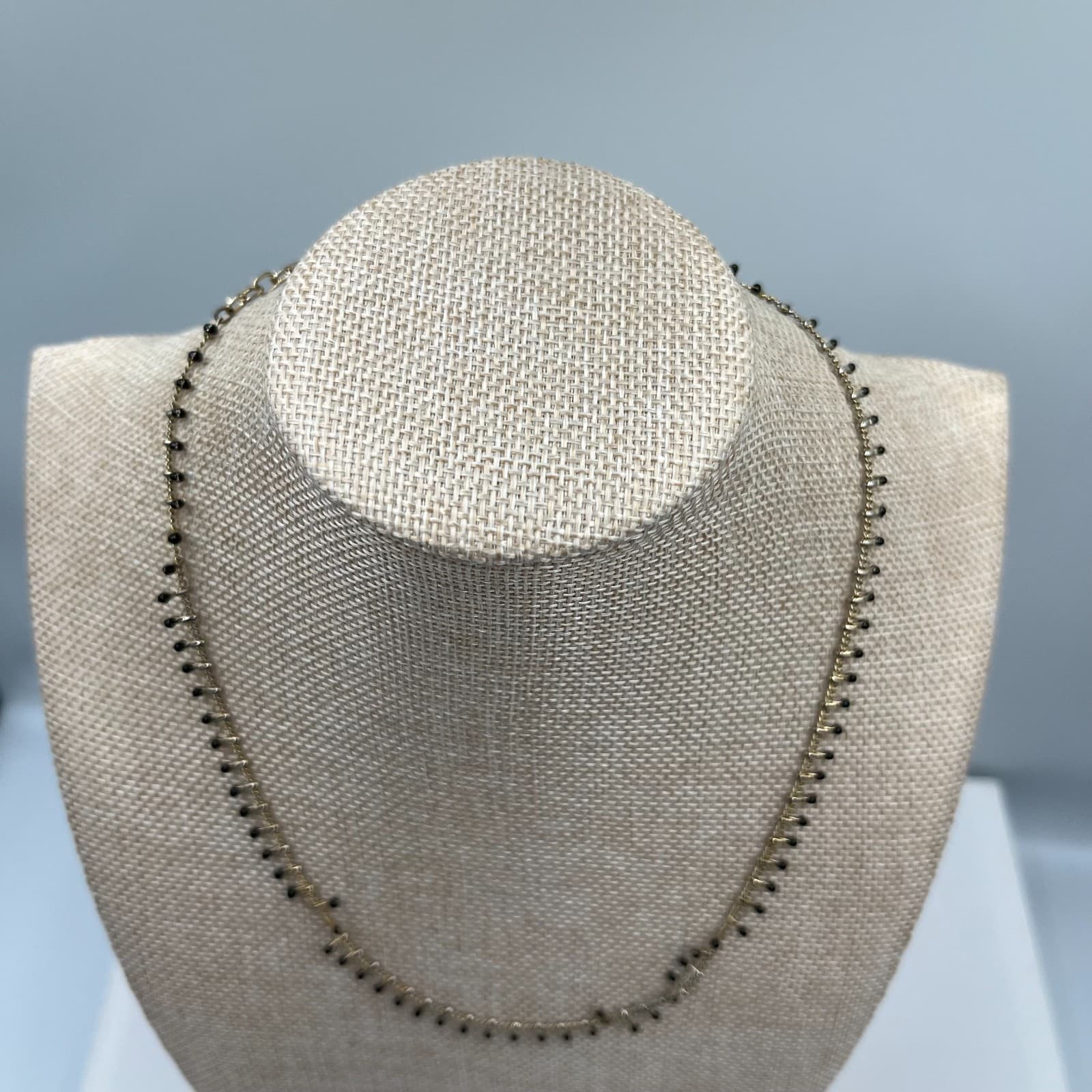 Vintage Gold Tone Fringe Necklace Black Onyx Glass Bead Dangle Shingle Statement - Thumbnail 2