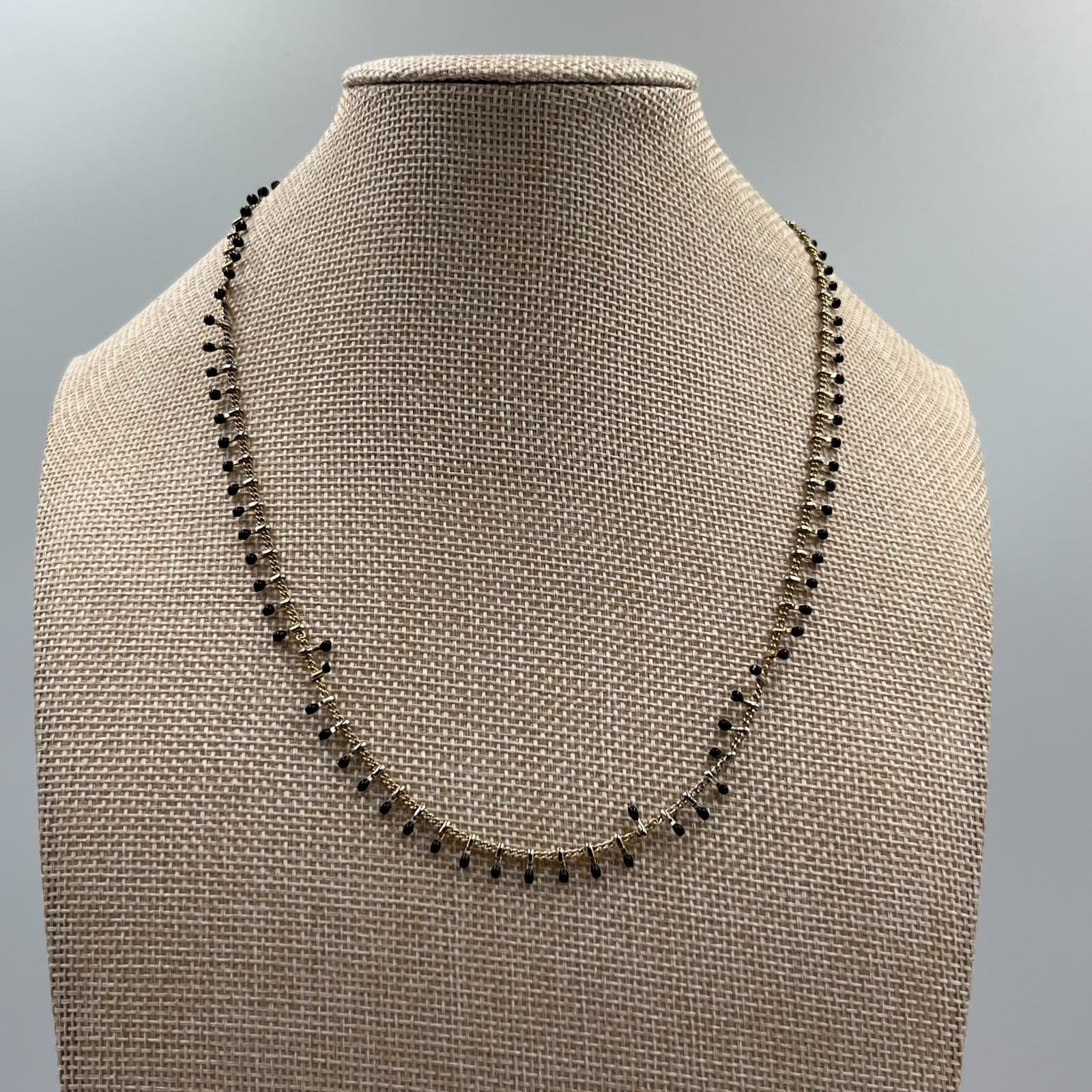 Vintage Gold Tone Fringe Necklace Black Onyx Glass Bead Dangle Shingle Statement - Thumbnail 4