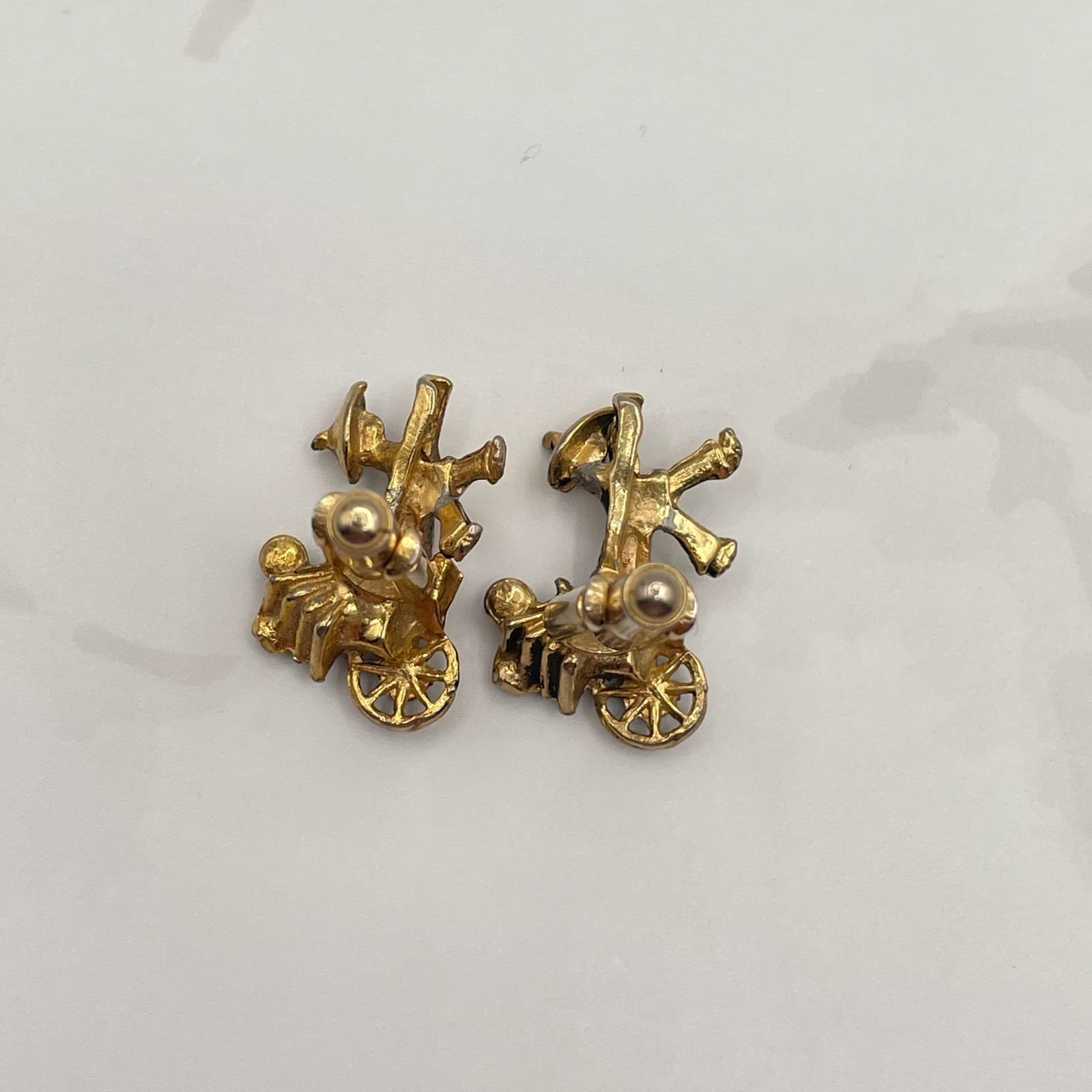 Vintage VTG Novelty Cufflinks Carriage Rickshaw Rider Clear Rhinestone Gold Tone - Thumbnail 6