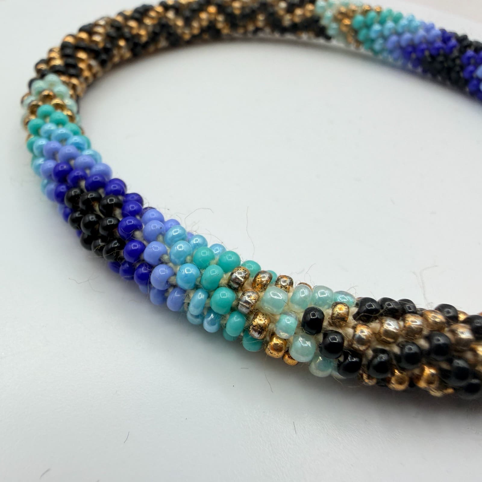 Vintage Y2K Boho Artisan Blue Spiral Seed Bead Crochet Rope Bracelet Jewelry - Thumbnail 7
