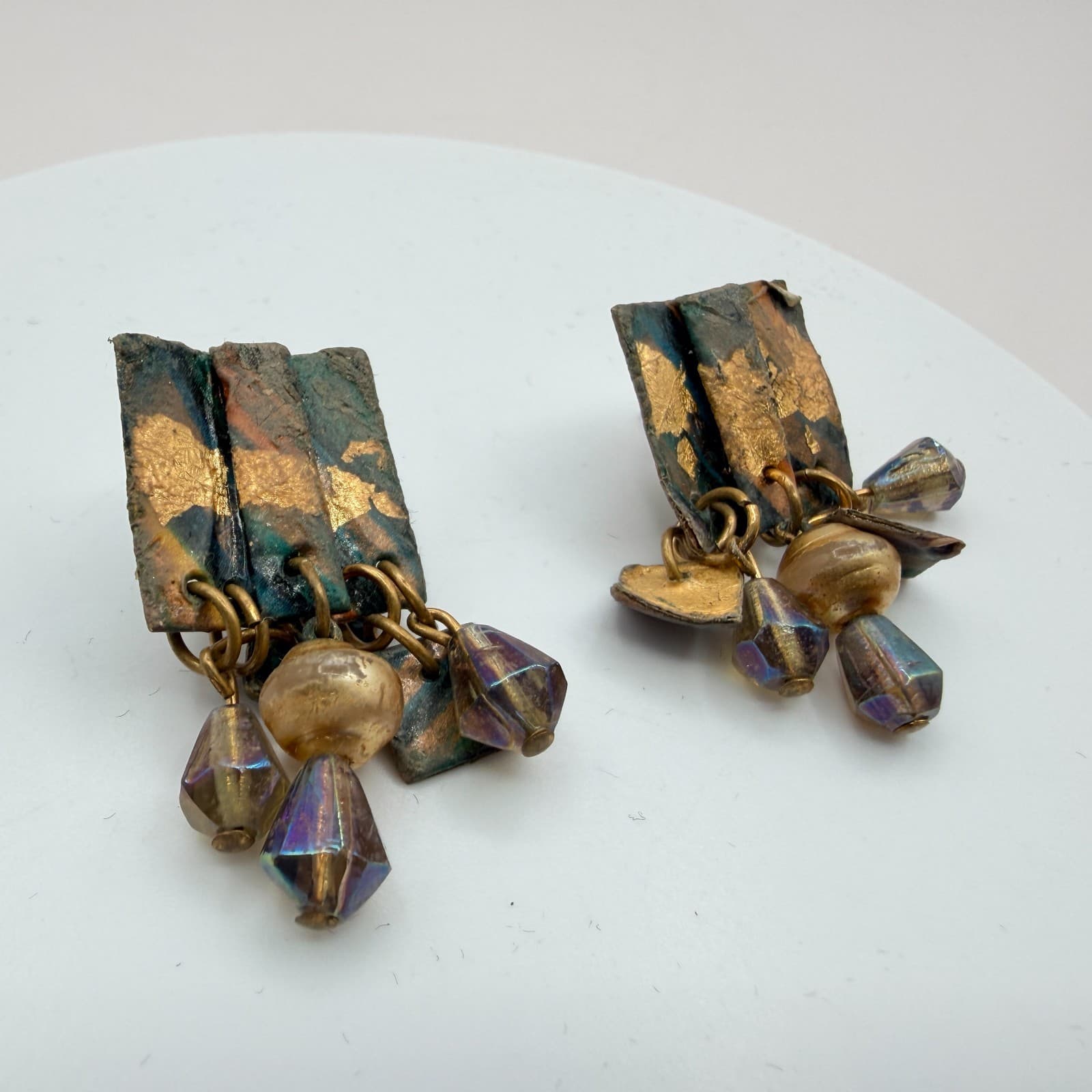 Vintage 80s Copper & Gold Tone Leaf Dangle Earrings Iridescent Beaded Jewelry - Thumbnail 5