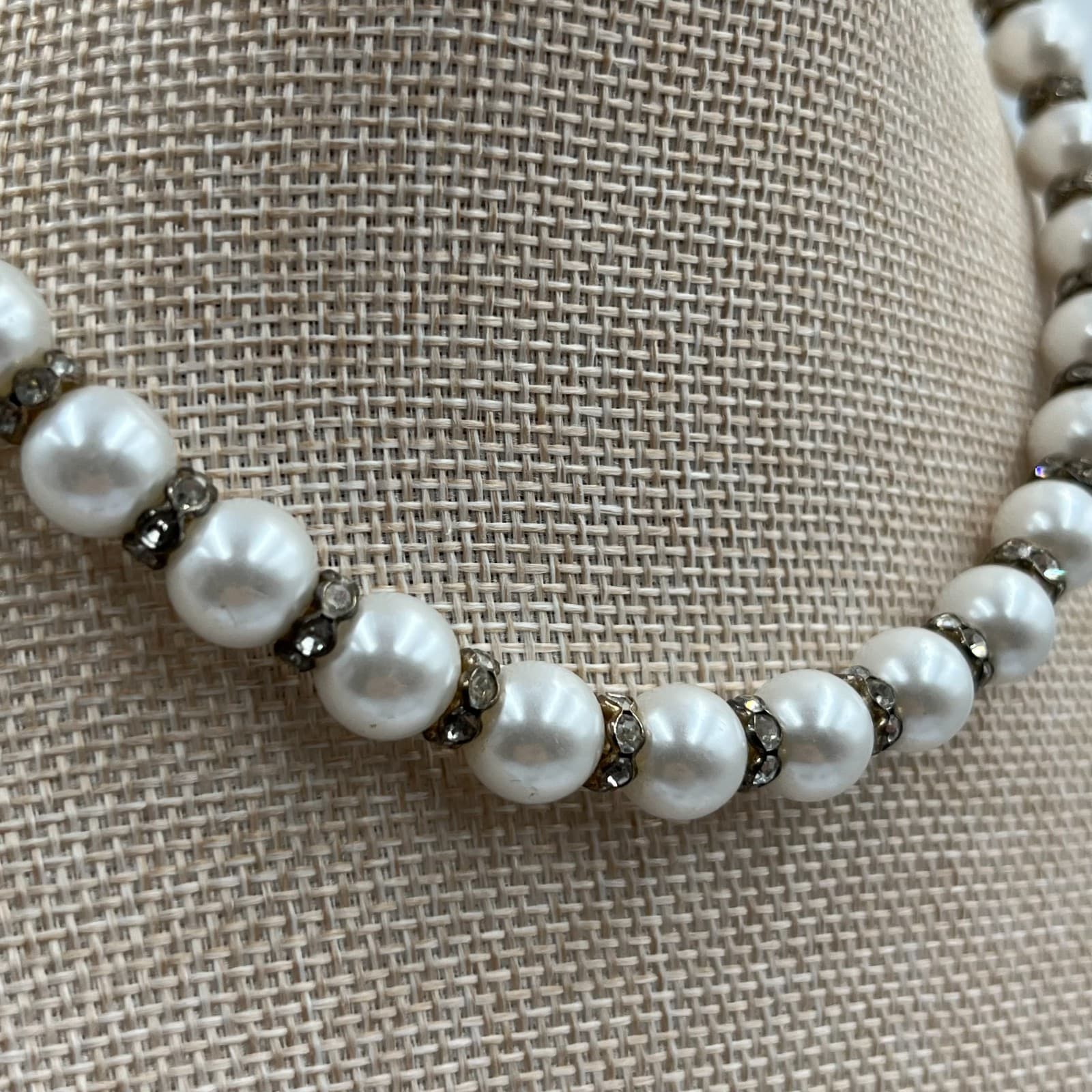 Vintage 3-Strand Faux Pearl Necklace Rhinestone Rondelles Wedding Jewelry 1950s - Thumbnail 4