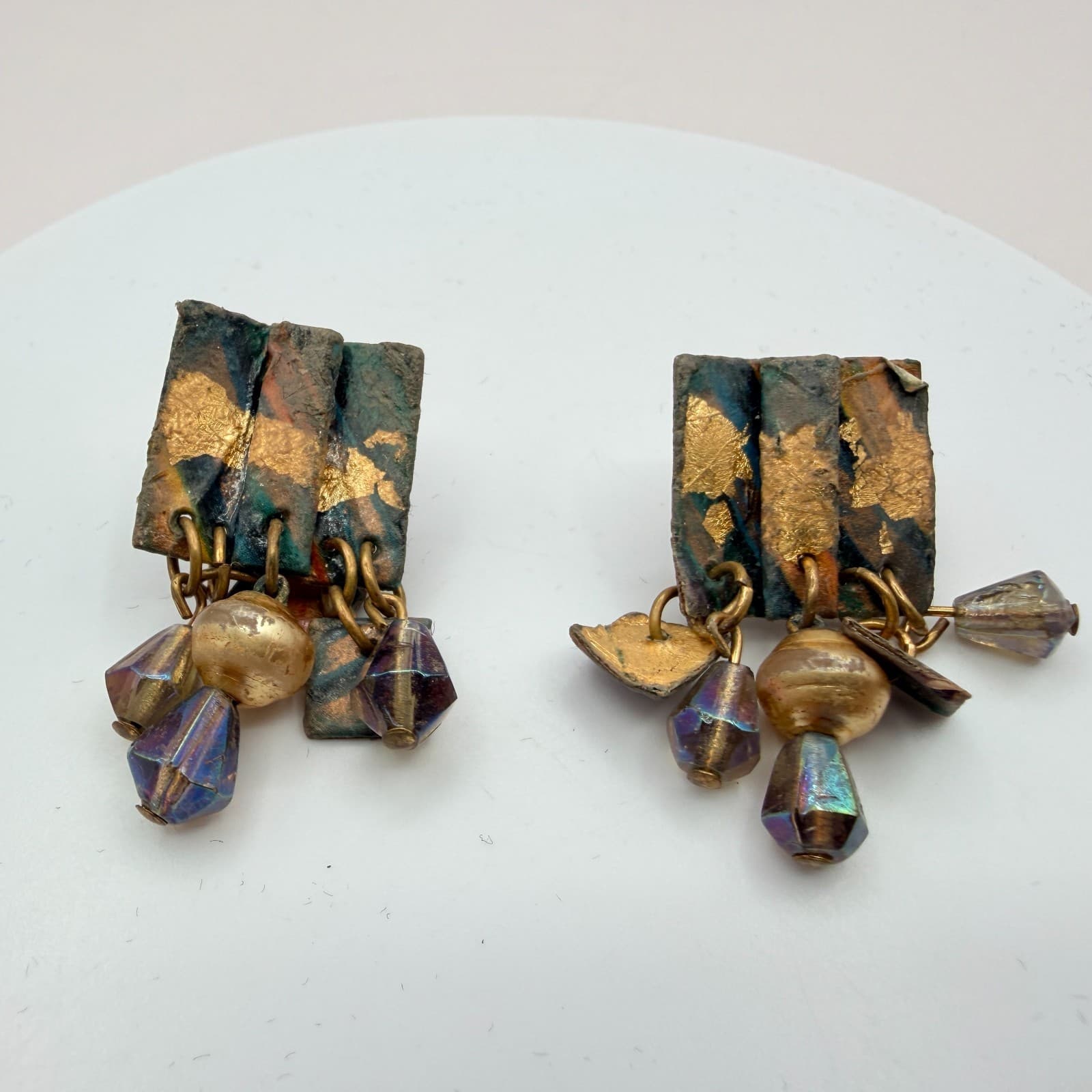 Vintage 80s Copper & Gold Tone Leaf Dangle Earrings Iridescent Beaded Jewelry - Thumbnail 4