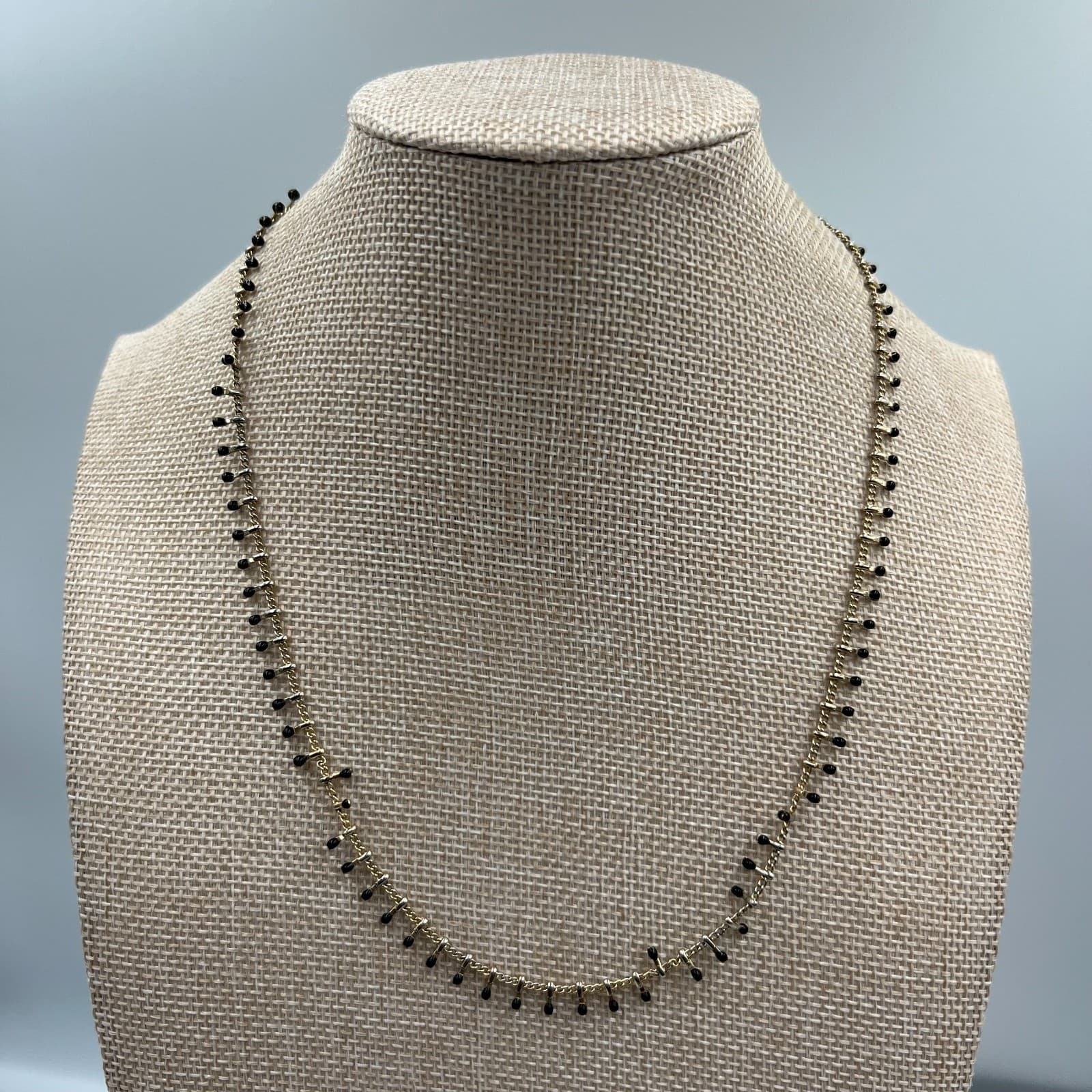 Vintage Gold Tone Fringe Necklace Black Onyx Glass Bead Dangle Shingle Statement - Image 1