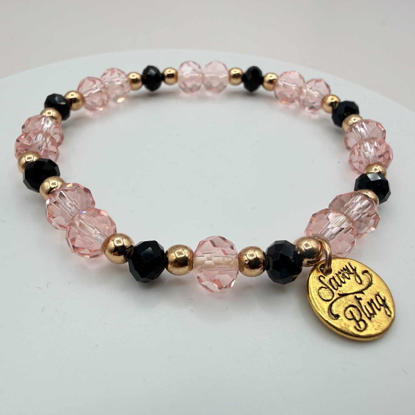 Vintage Y2K Savvy Bling Pink Black Faceted Bead Stretch Bracelet Boho Jewelry - Thumbnail 5