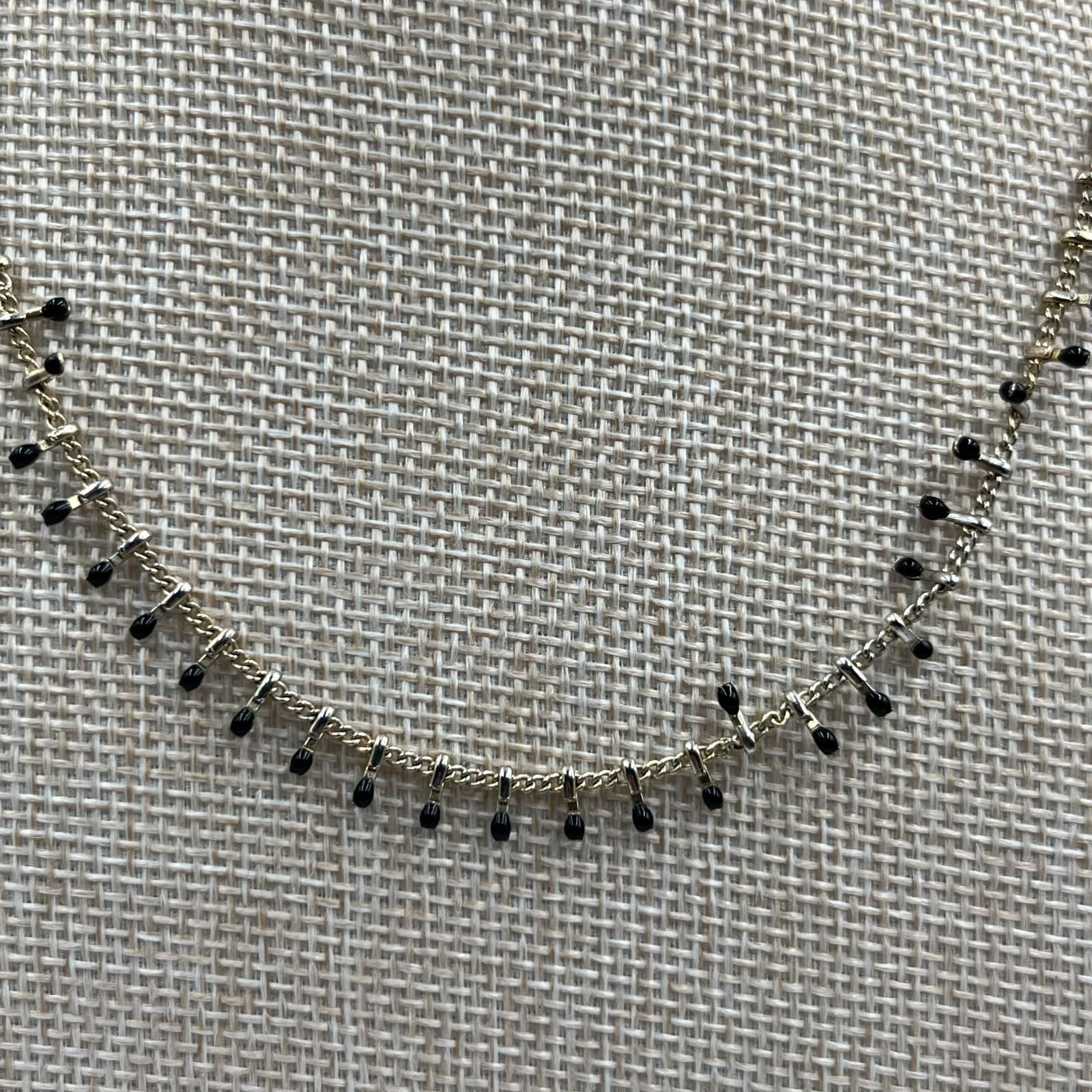 Vintage Gold Tone Fringe Necklace Black Onyx Glass Bead Dangle Shingle Statement - Thumbnail 3