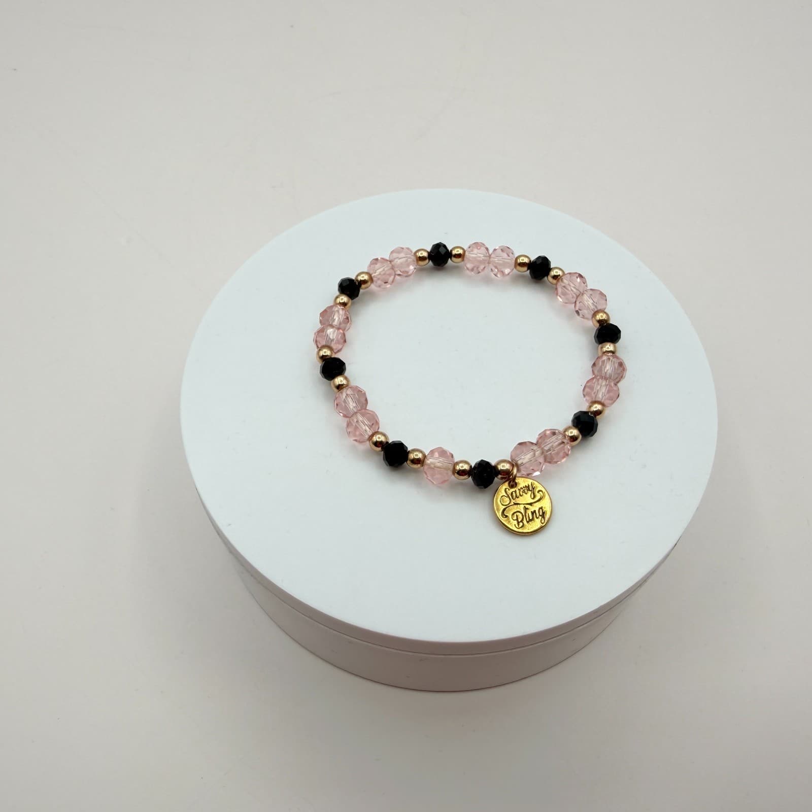 Vintage Y2K Savvy Bling Pink Black Faceted Bead Stretch Bracelet Boho Jewelry - Thumbnail 4