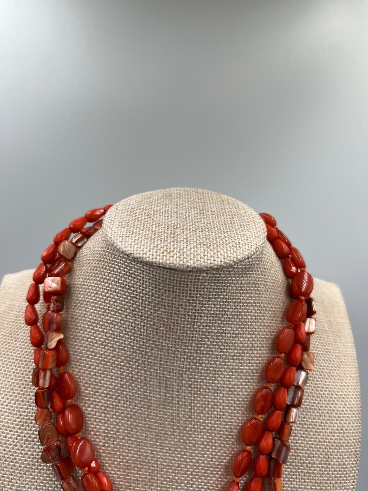 Vtg Oversized Orange Shell Disc Pendant Necklace, 3-Strand Stone & MOP Beaded - Thumbnail 2