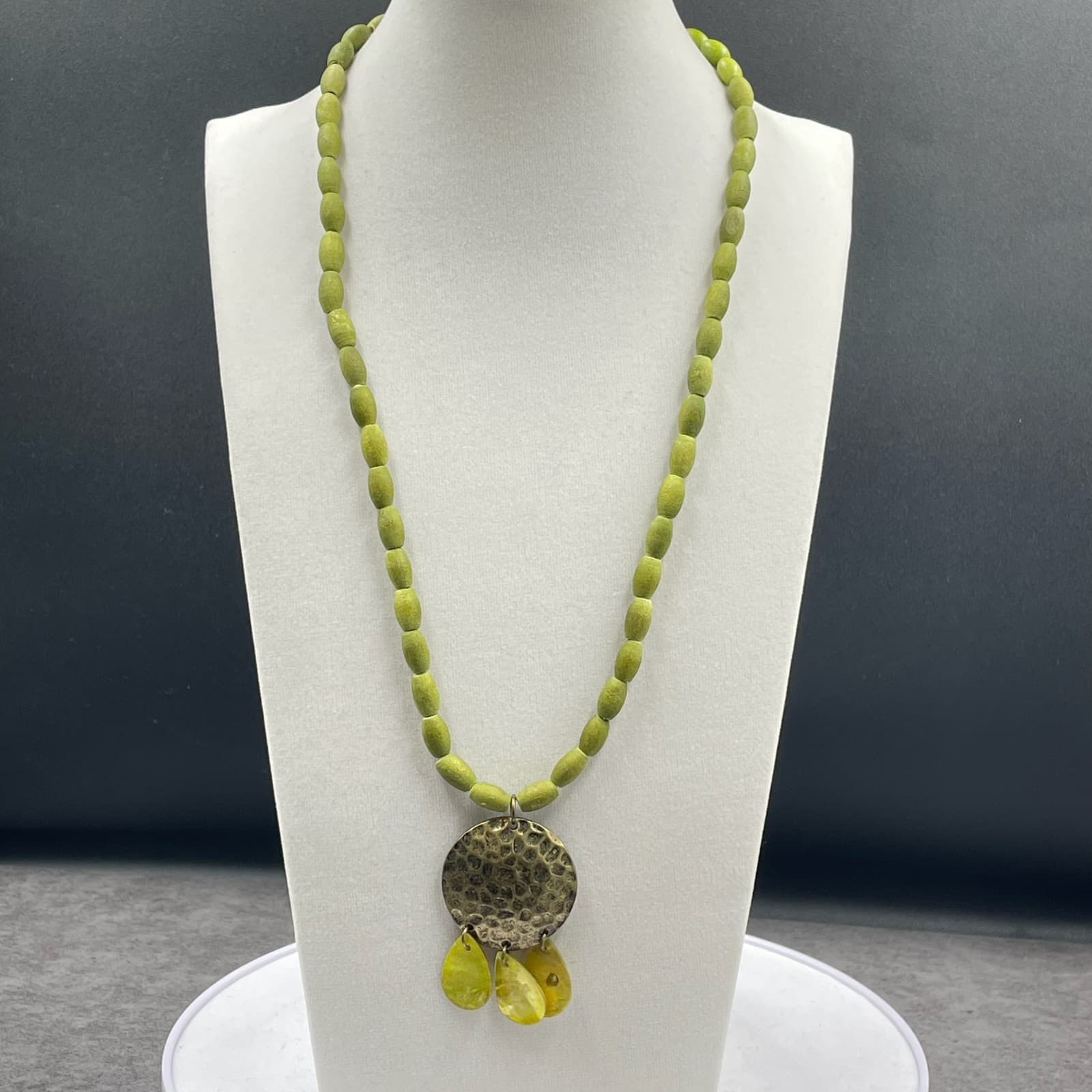 Vintage African Olive Dyed Wooden Beads Bohemian-Chic Charm Pendant Necklace - Thumbnail 2