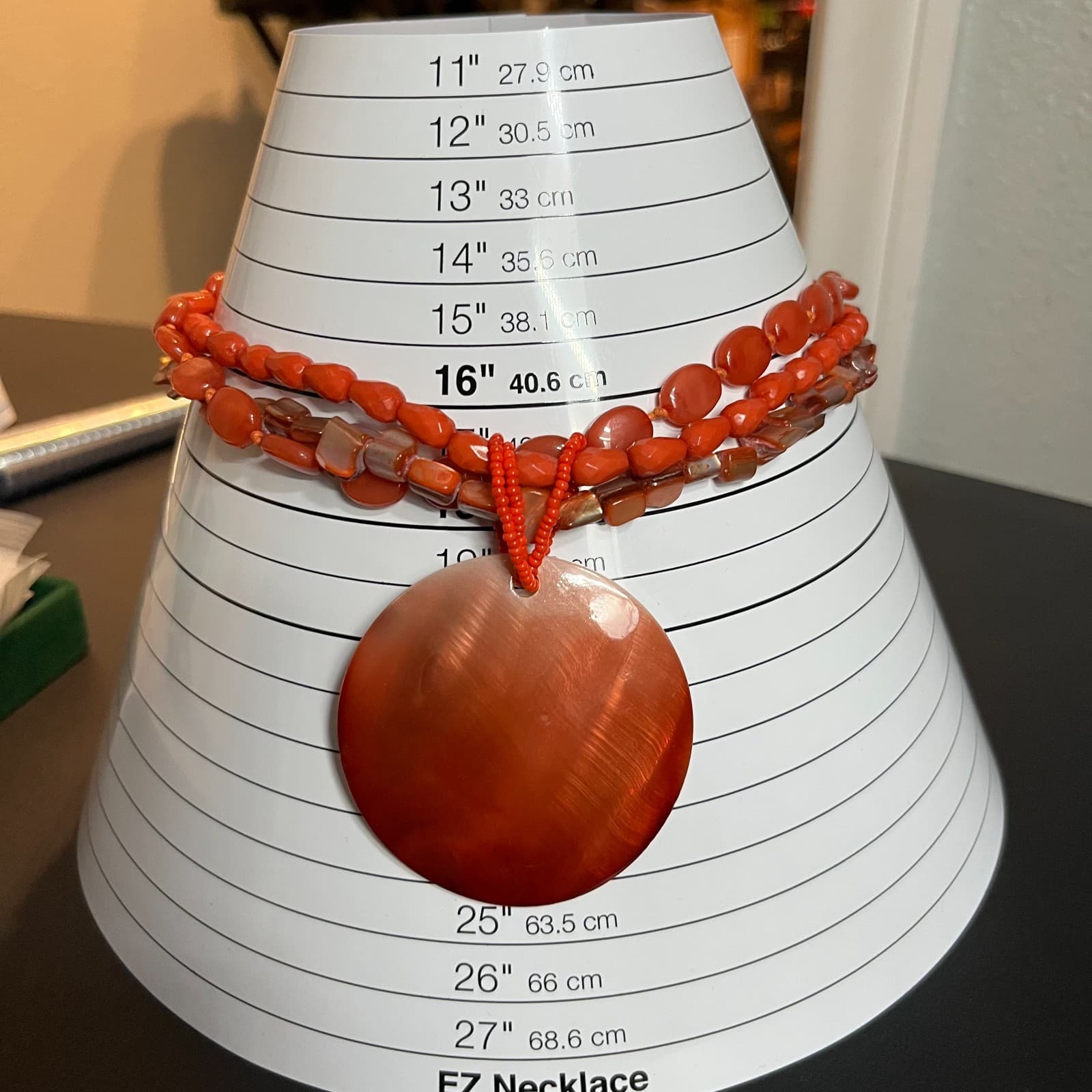 Vtg Oversized Orange Shell Disc Pendant Necklace, 3-Strand Stone & MOP Beaded - Thumbnail 8