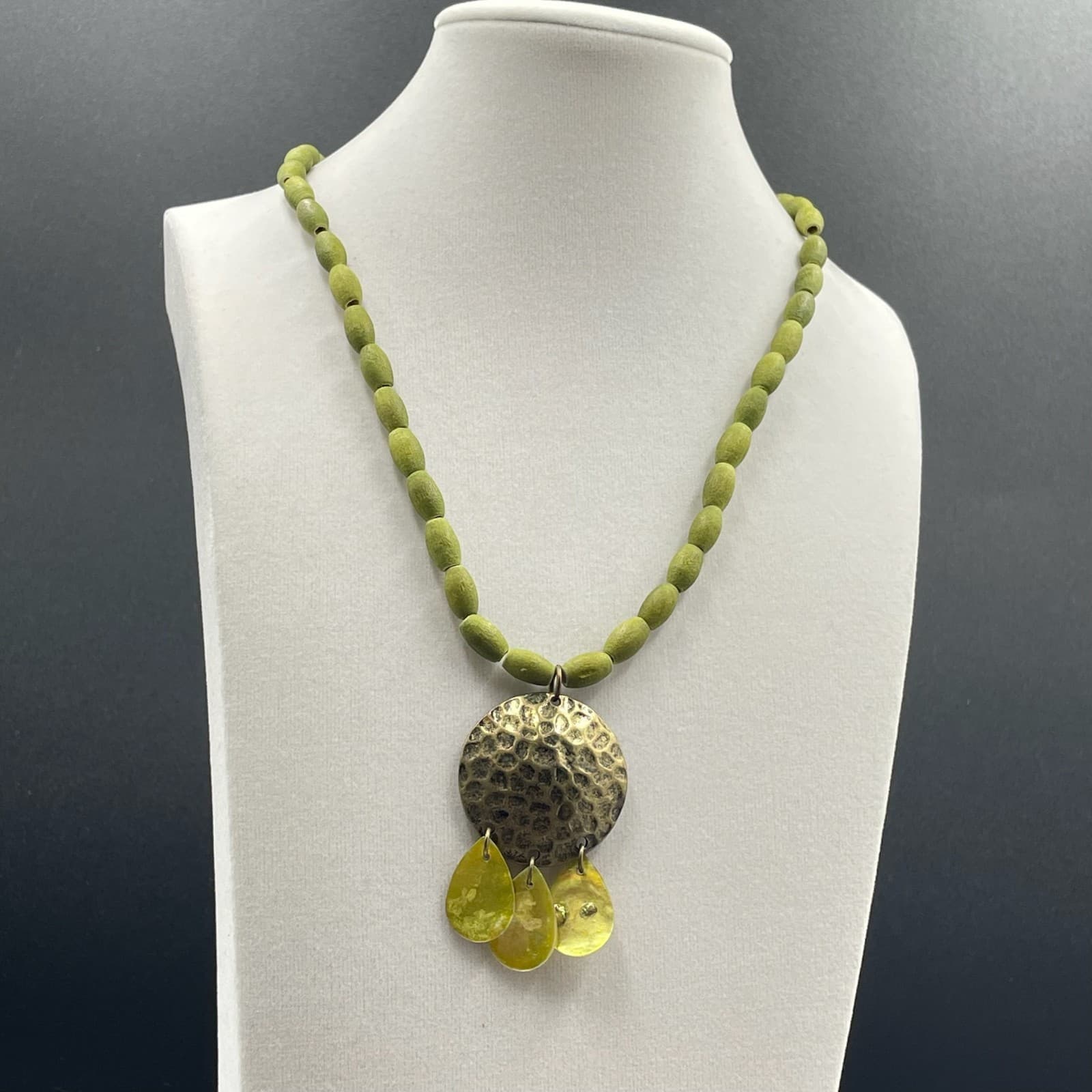 Vintage African Olive Dyed Wooden Beads Bohemian-Chic Charm Pendant Necklace - Thumbnail 4