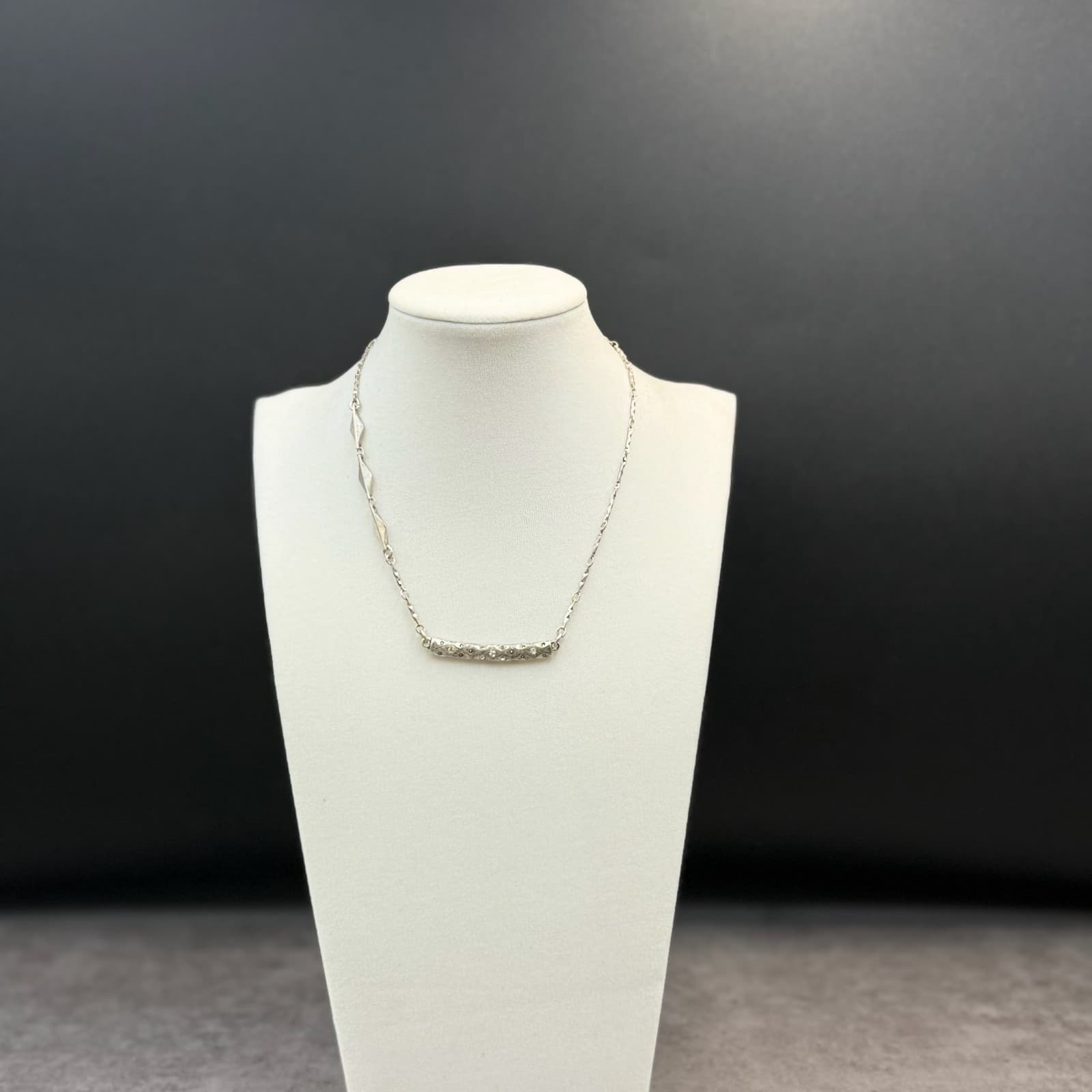 Vintage Minimalist Bar Pendant Necklace Silver Tone 15" Clear Rhinestone Chain - Thumbnail 3