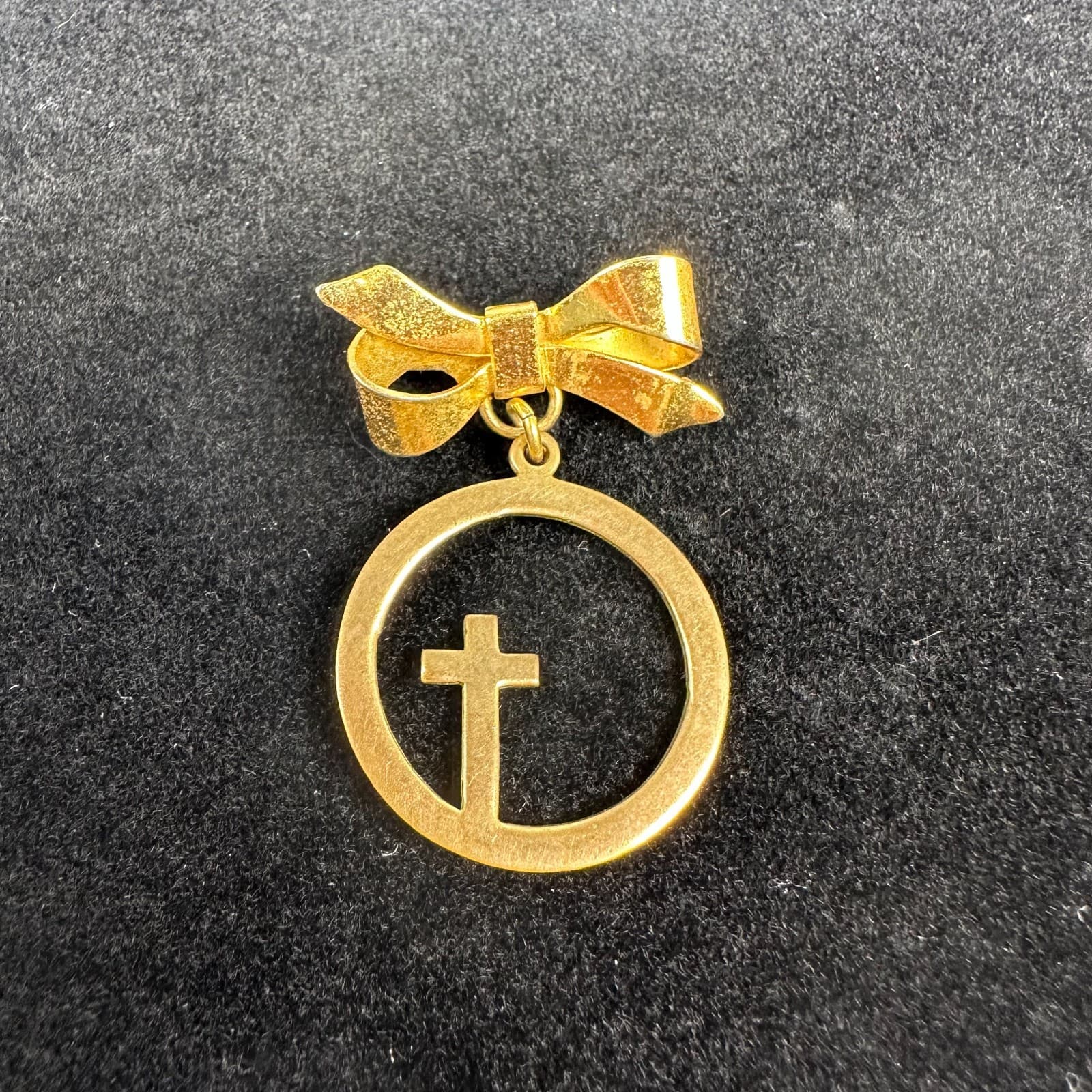 Vintage Gold-Tone Bow Brooch w/ Cross Cutout Pendant - Image 1