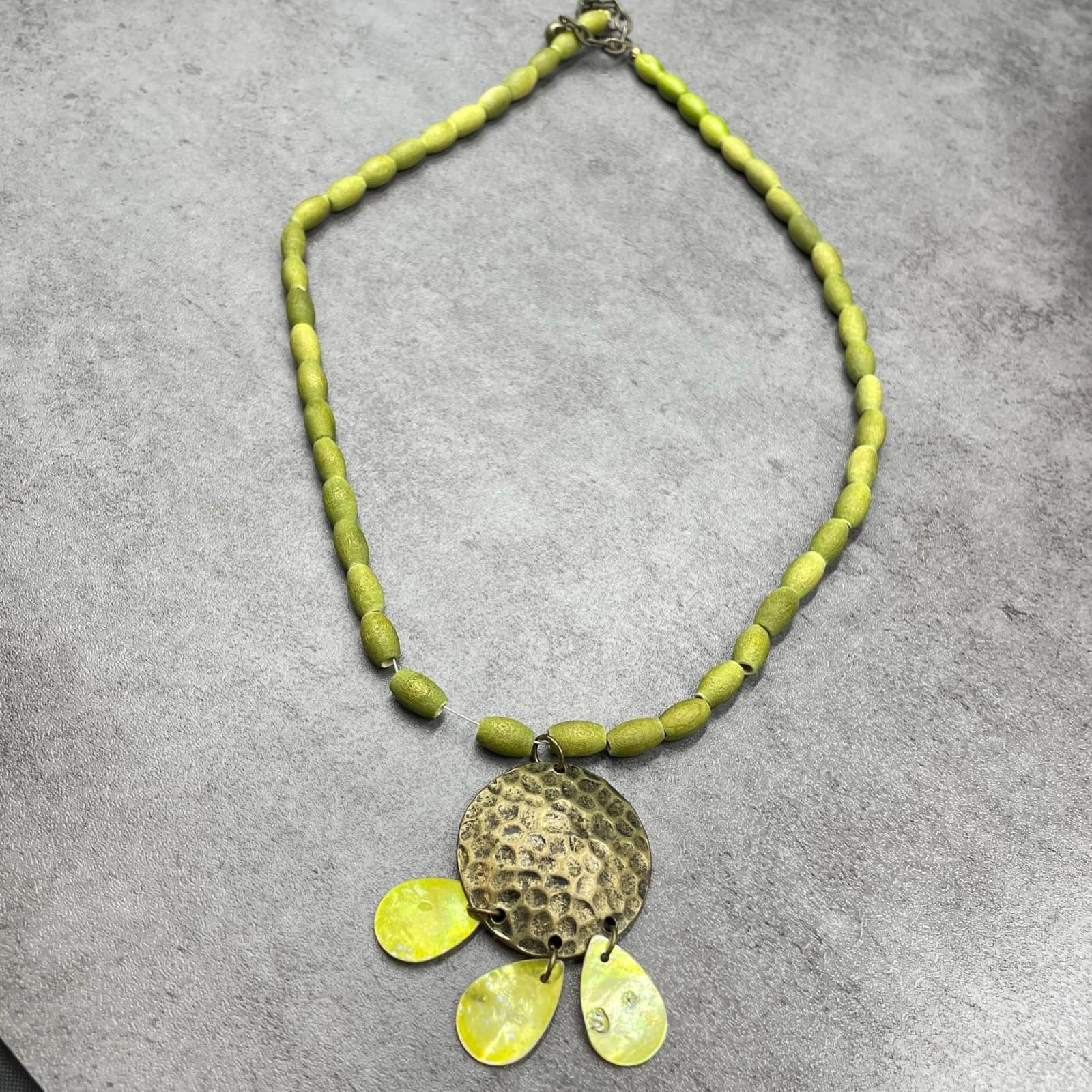 Vintage African Olive Dyed Wooden Beads Bohemian-Chic Charm Pendant Necklace - Thumbnail 12