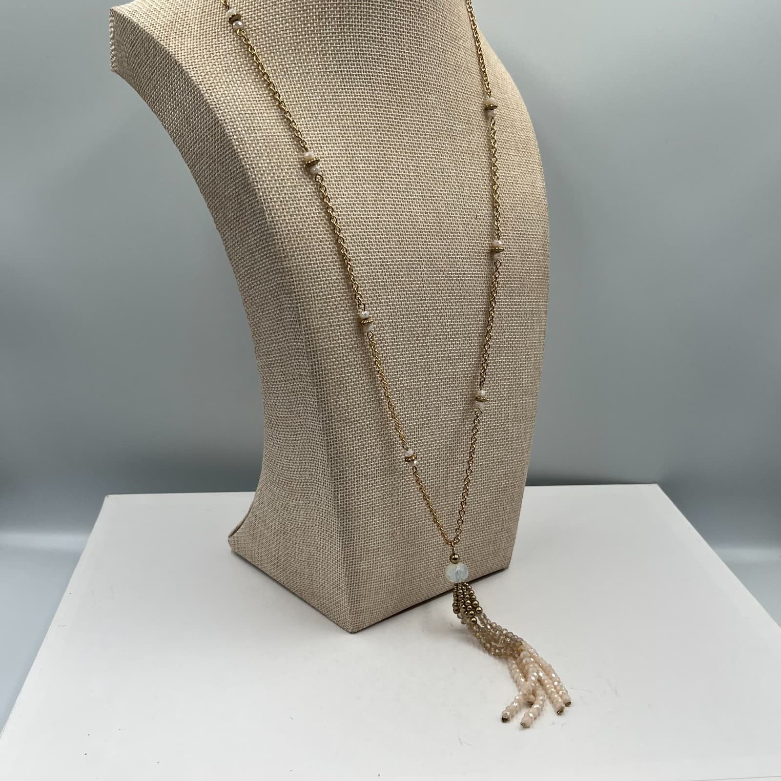 Vintage Gold Tone Long Beaded Tassel Pendant Necklace Statement Costume Jewelry - Thumbnail 6