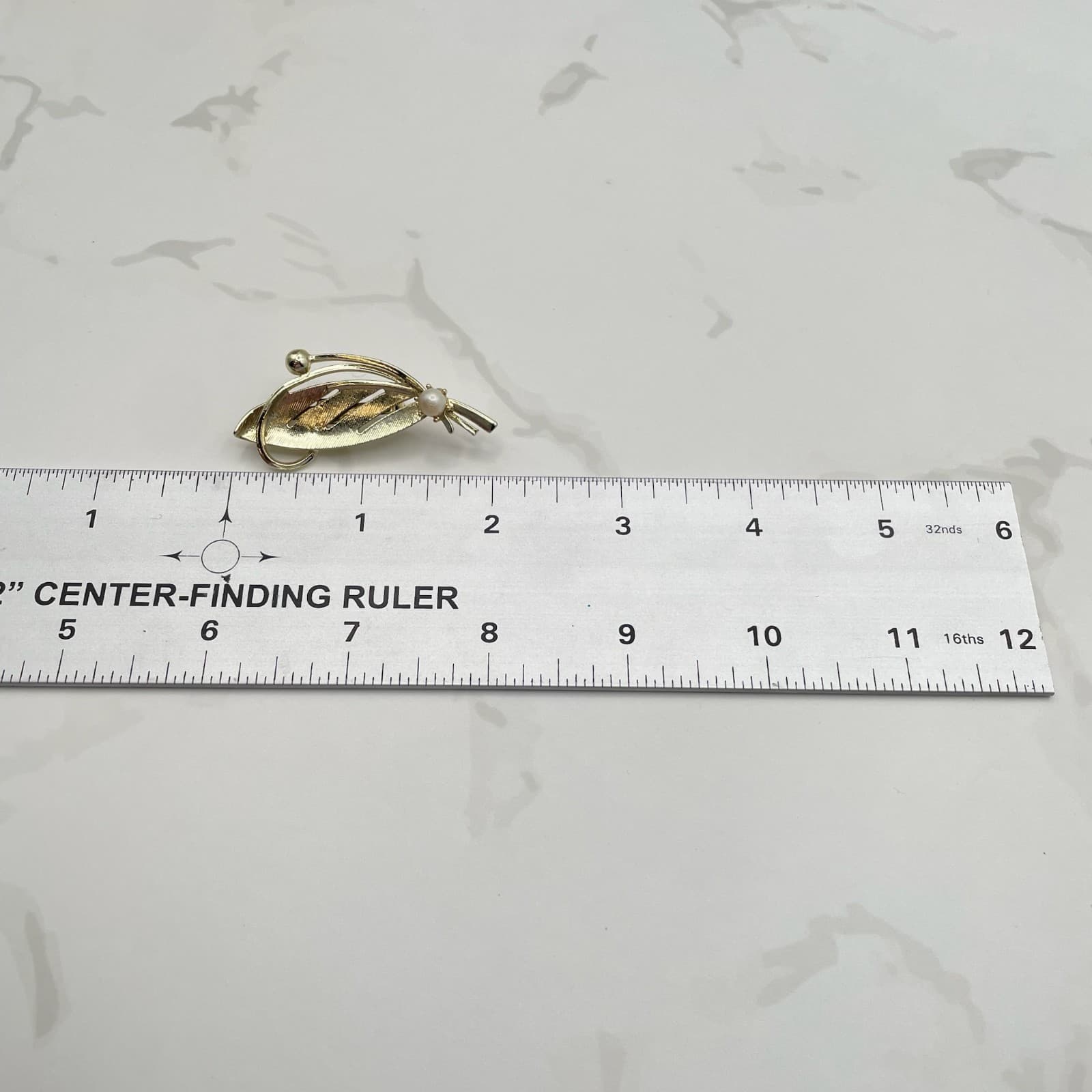 Vintage VTG Gold Tone Leaf Brooch Faux Pearl Pin Modernist Floral Costume 2 Inch - Thumbnail 8