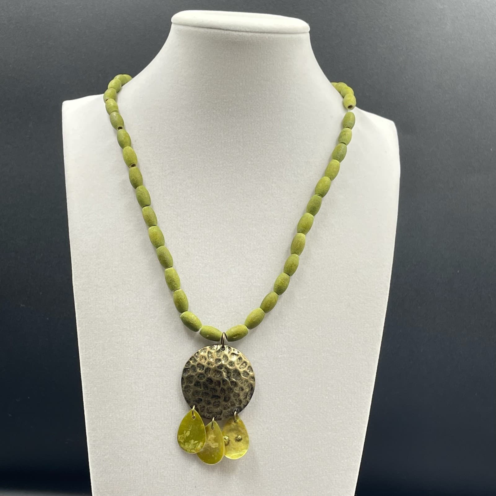 Vintage African Olive Dyed Wooden Beads Bohemian-Chic Charm Pendant Necklace - Thumbnail 3