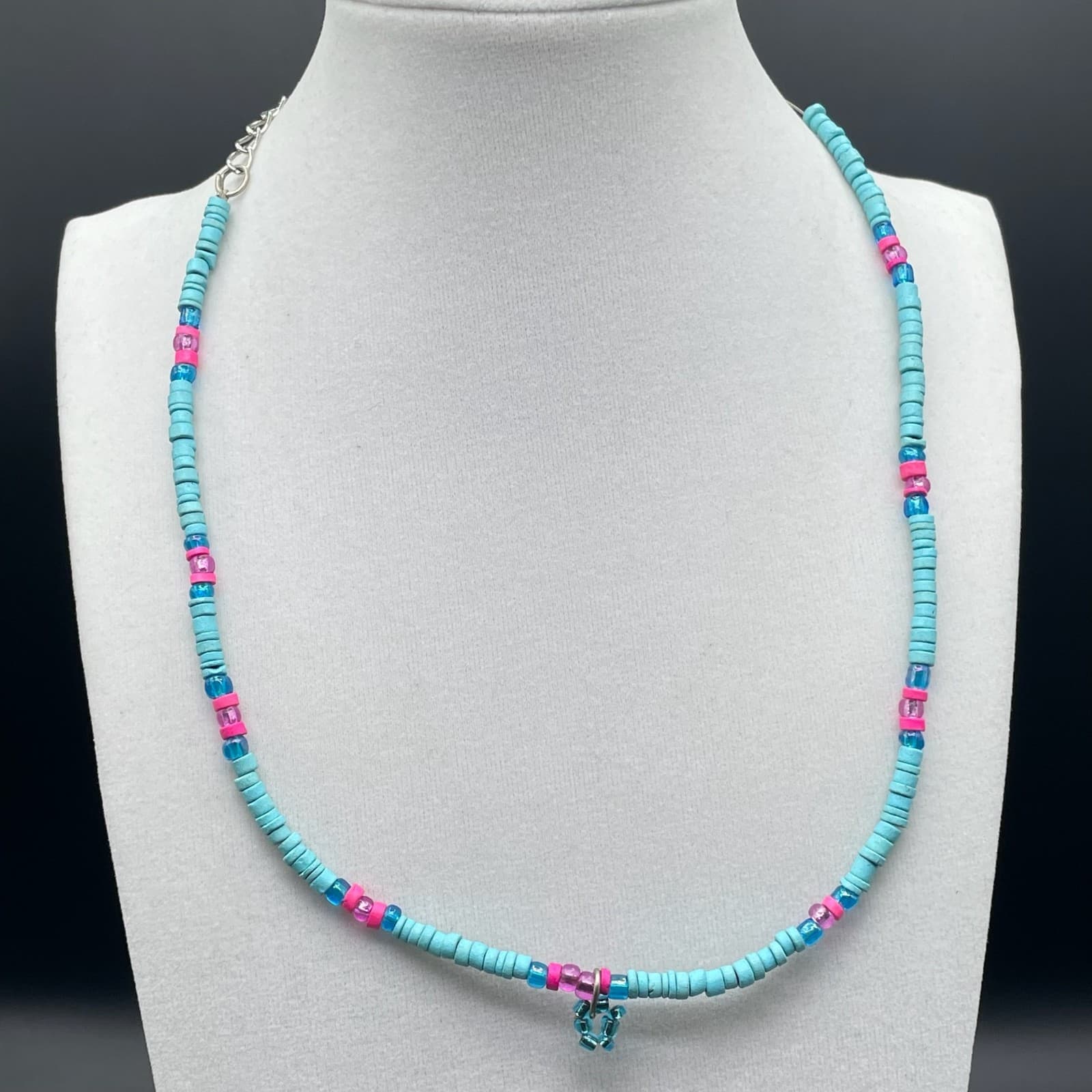 Vintage Retro Oval Link Lobster Teal Pink Charm African Vinyl Disc Beaded - Image 1