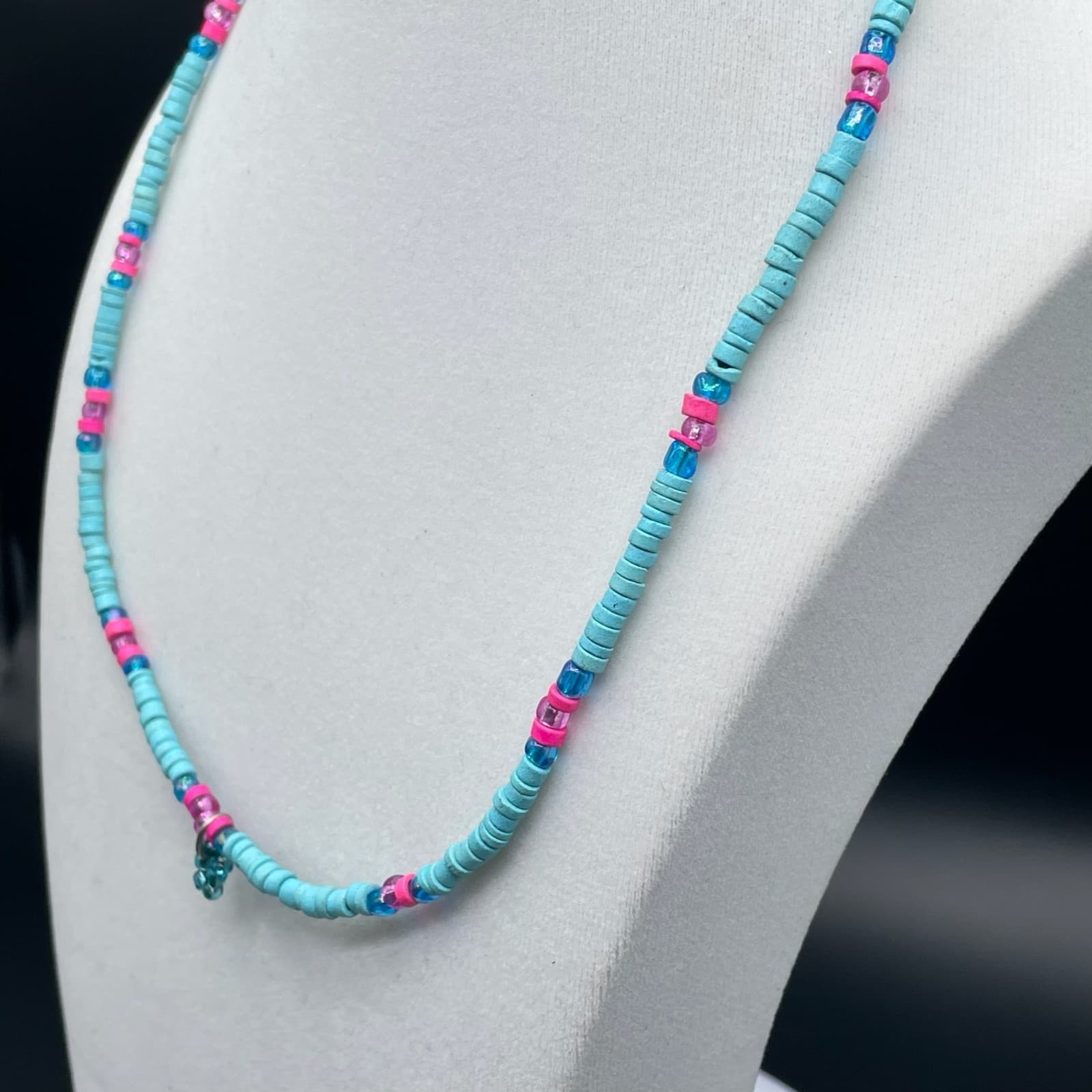 Vintage Retro Oval Link Lobster Teal Pink Charm African Vinyl Disc Beaded - Thumbnail 6