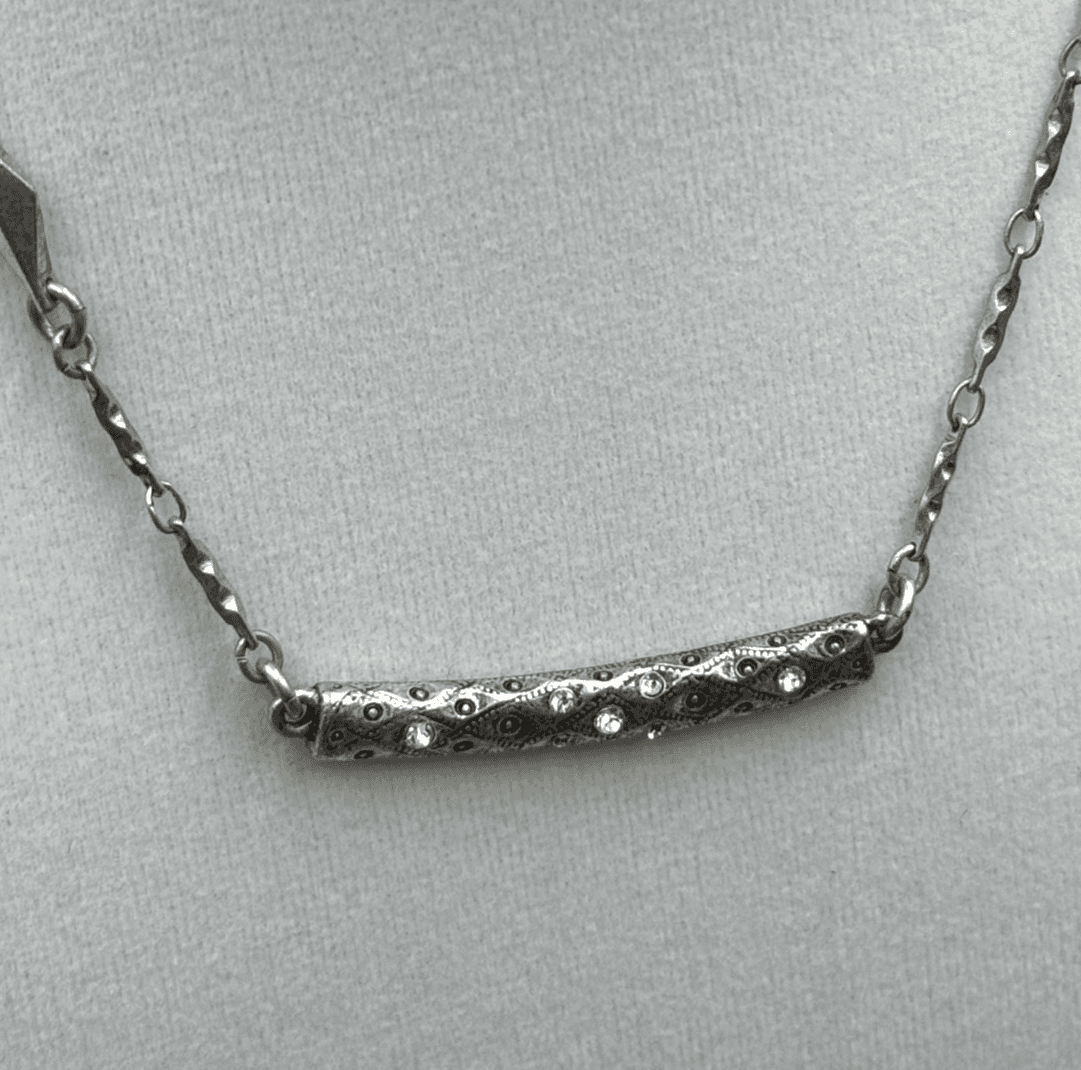 Vintage Minimalist Bar Pendant Necklace Silver Tone 15" Clear Rhinestone Chain - Image 1
