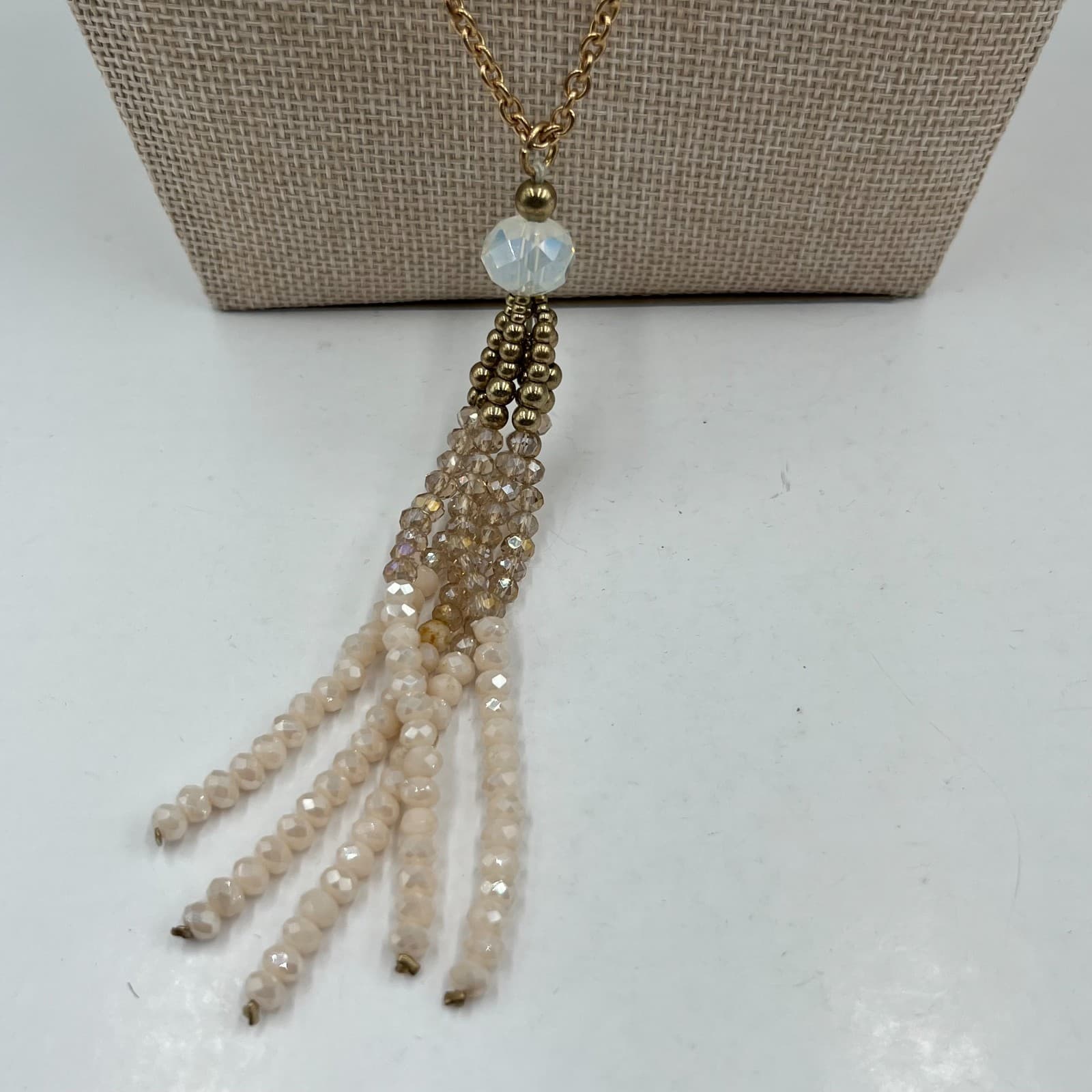 Vintage Gold Tone Long Beaded Tassel Pendant Necklace Statement Costume Jewelry - Thumbnail 3
