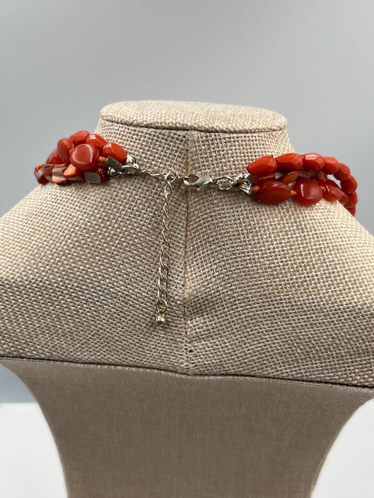 Vtg Oversized Orange Shell Disc Pendant Necklace, 3-Strand Stone & MOP Beaded - Thumbnail 7