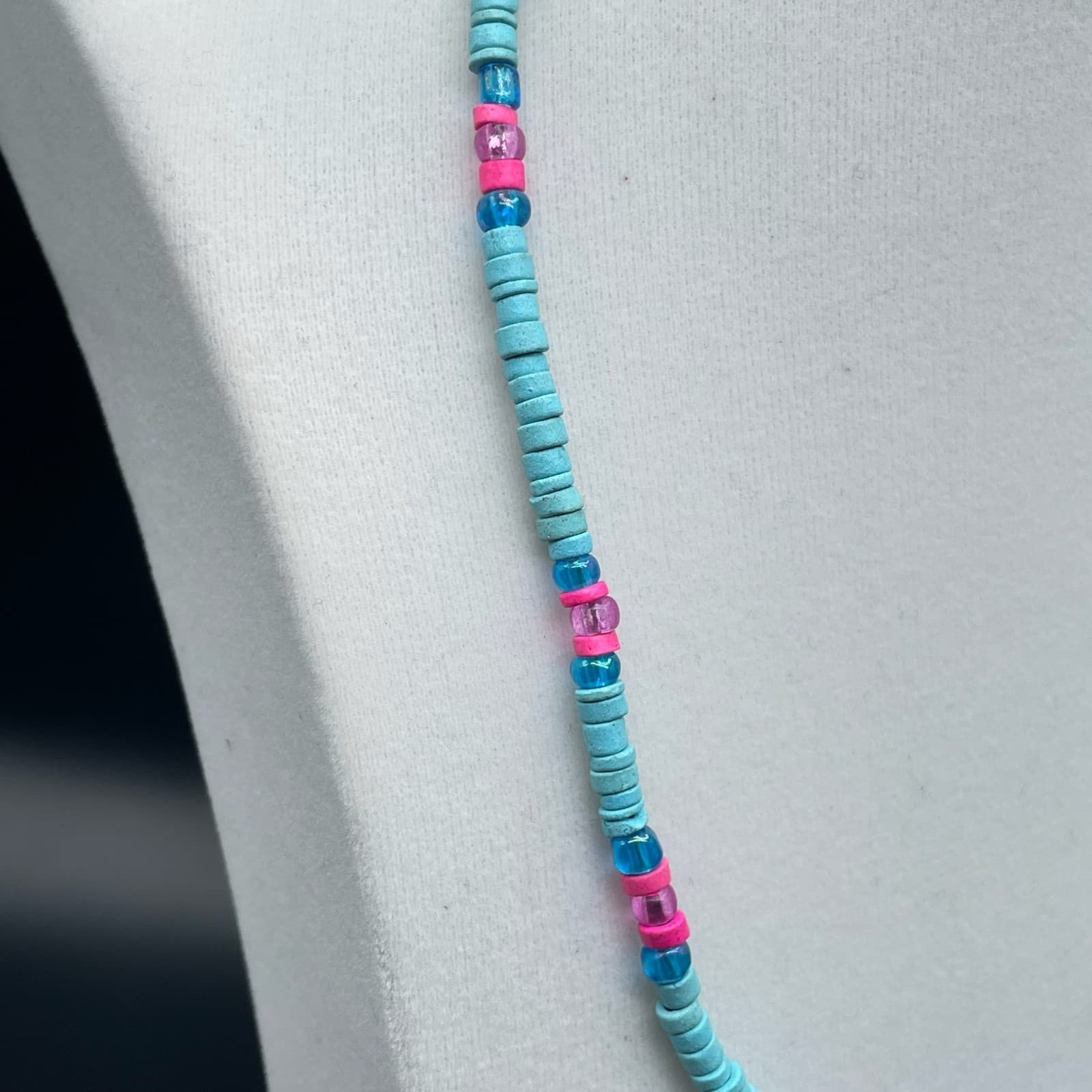 Vintage Retro Oval Link Lobster Teal Pink Charm African Vinyl Disc Beaded - Thumbnail 4