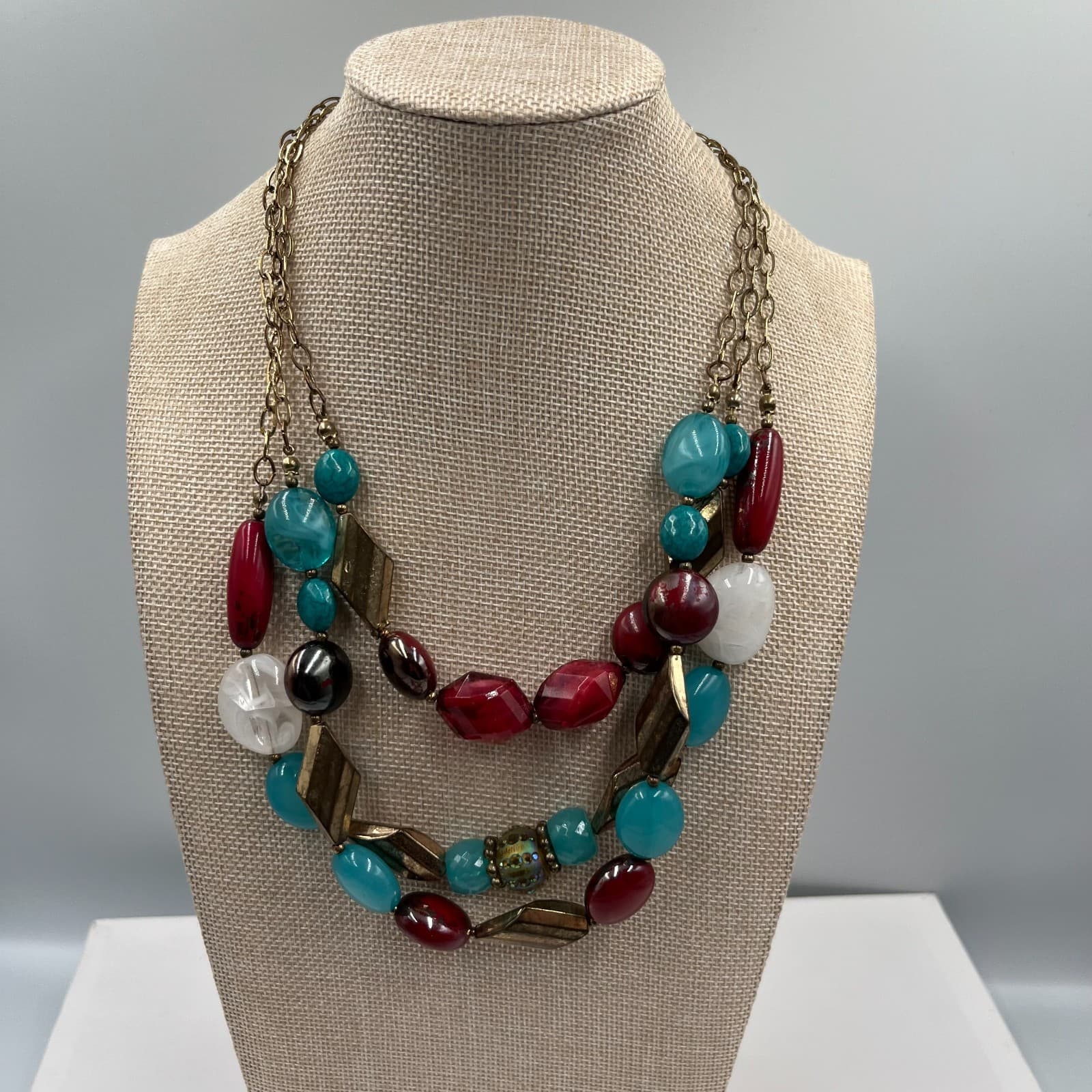 Vtg Avenue Multi Strand Beaded Statement Necklace Boho Chic Layered Wood Beaded - Image 1