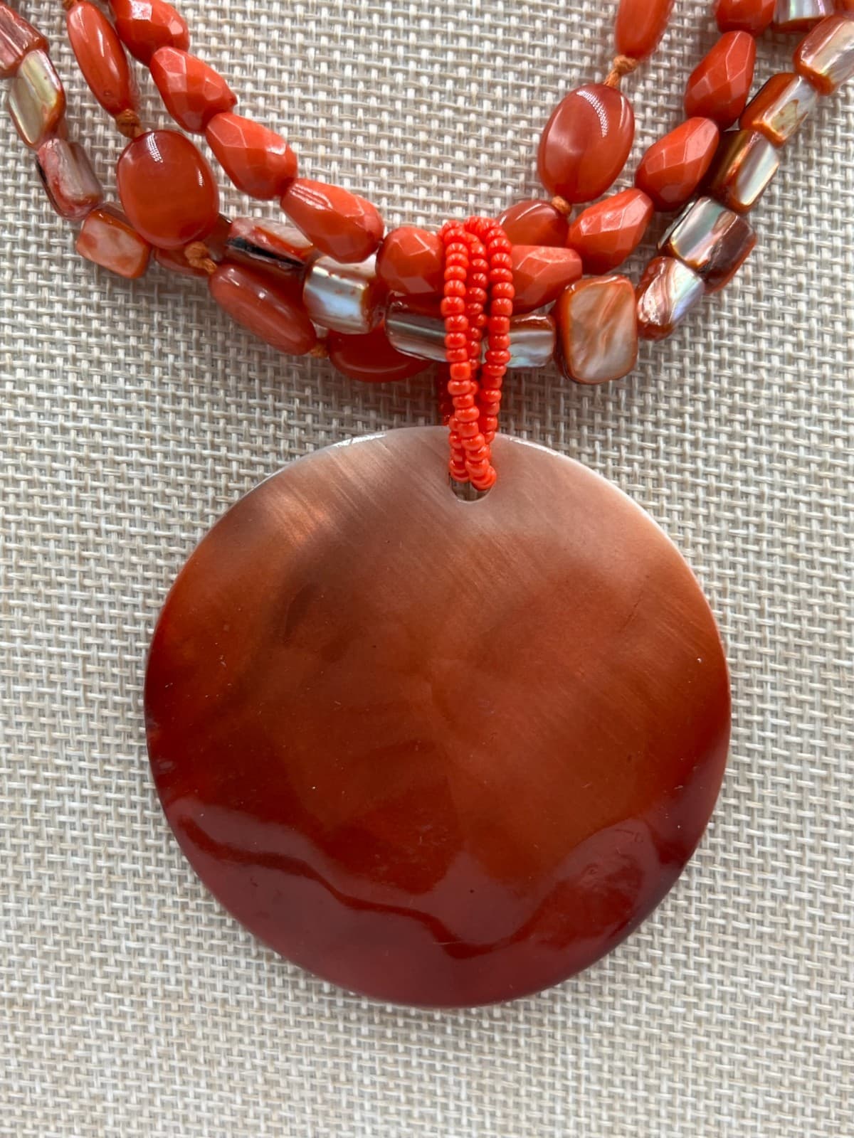 Vtg Oversized Orange Shell Disc Pendant Necklace, 3-Strand Stone & MOP Beaded - Thumbnail 3