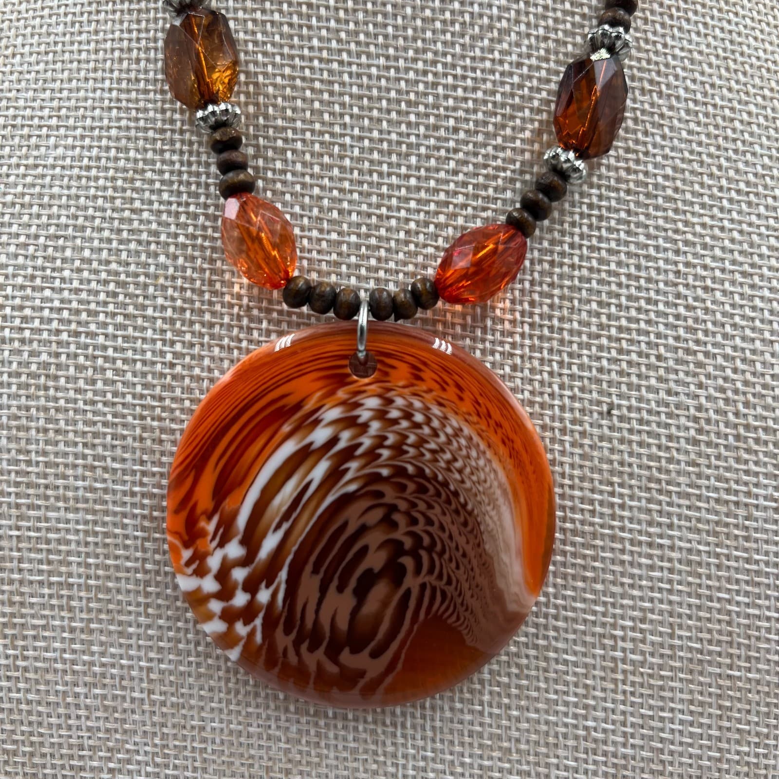 Vintage Boho Orange Swirl Art Glass Pendant Necklace Chunky Wood Amber Bead 24" - Thumbnail 3