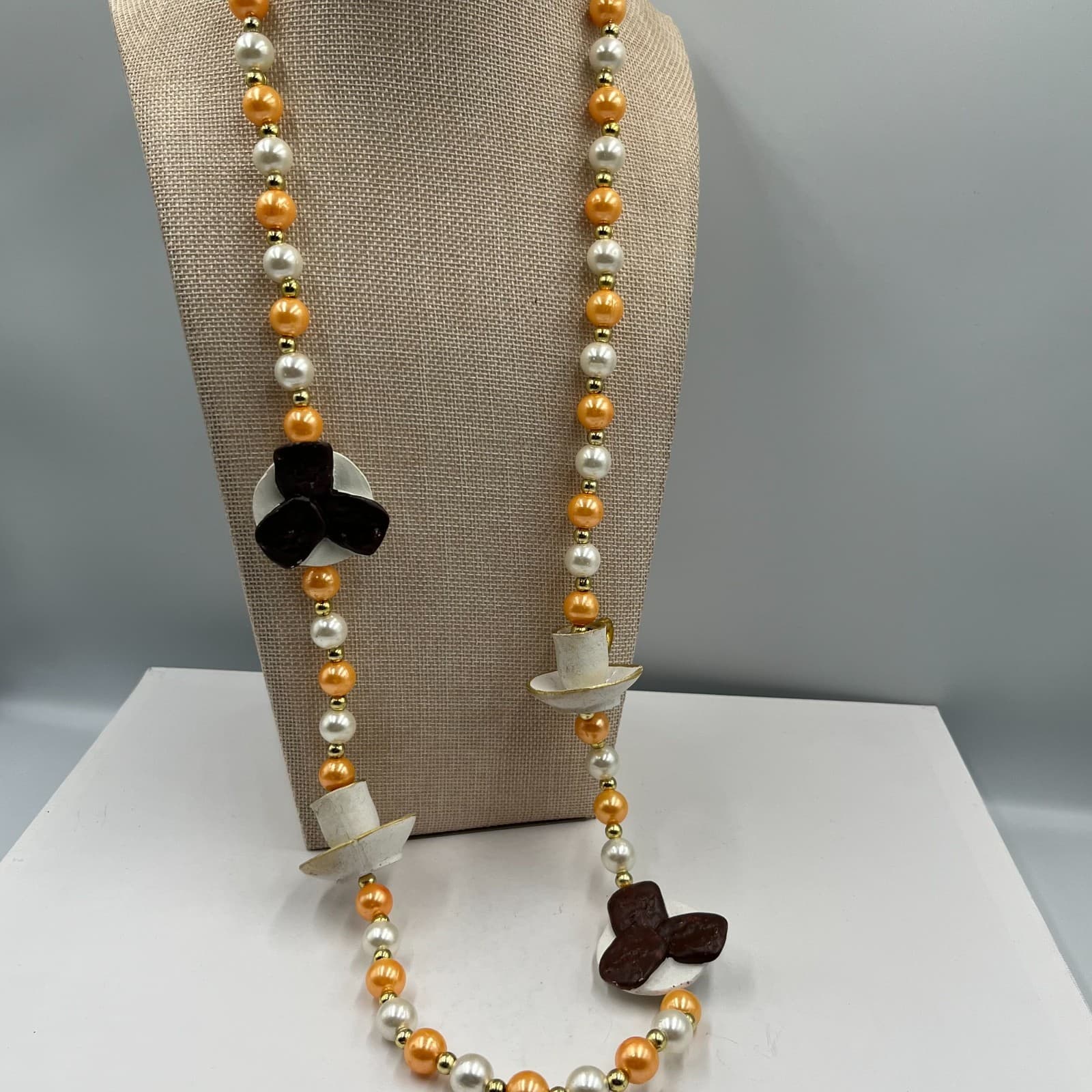 Vtg Teacup & Cookie Charm Necklace Whimsical Tea Party Kitsch Faux Pearl Long - Image 1