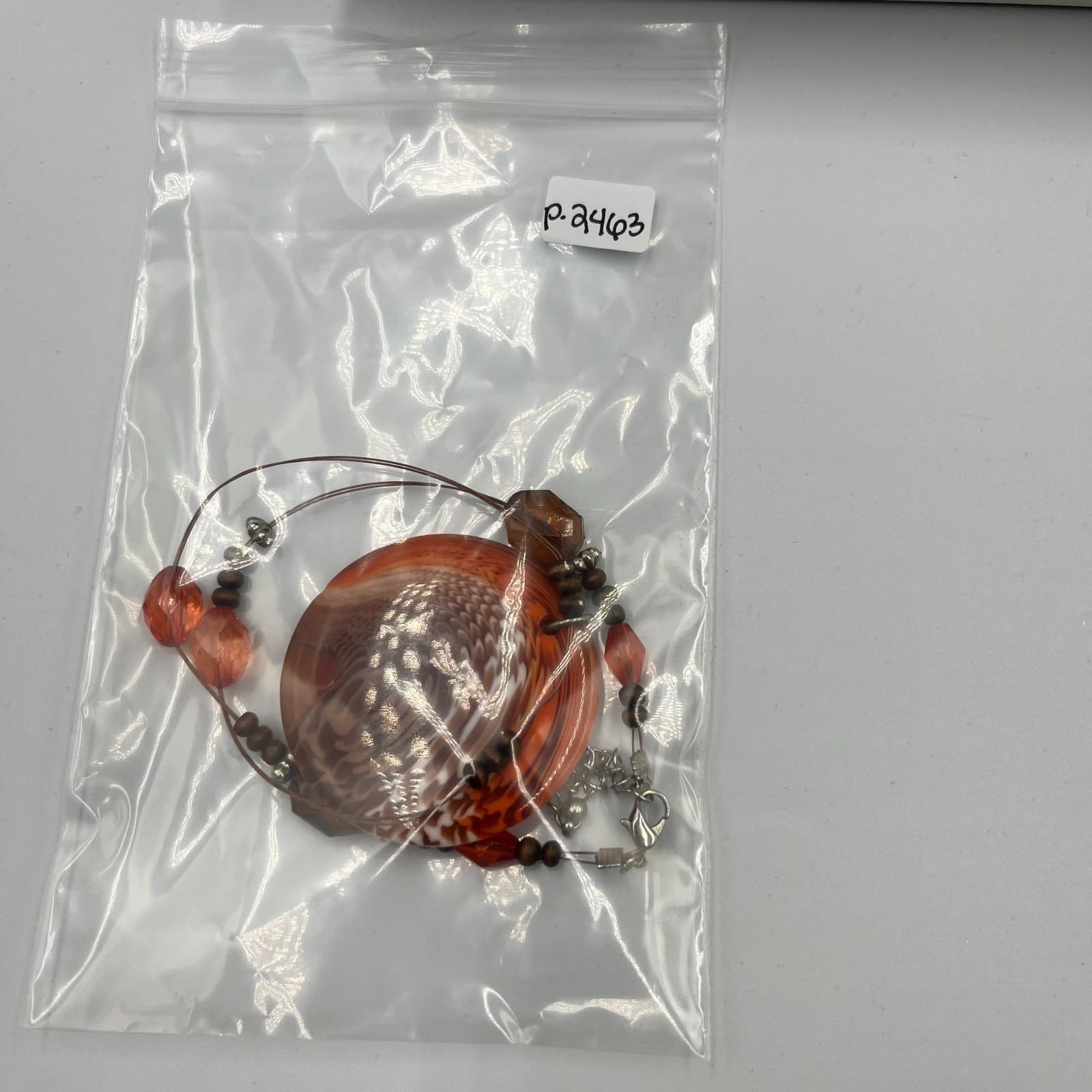 Vintage Boho Orange Swirl Art Glass Pendant Necklace Chunky Wood Amber Bead 24" - Thumbnail 8