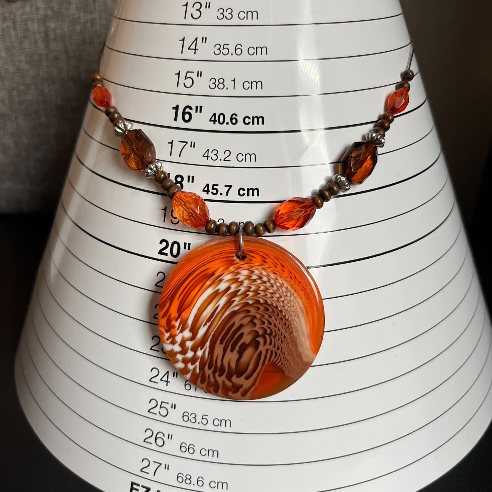 Vintage Boho Orange Swirl Art Glass Pendant Necklace Chunky Wood Amber Bead 24" - Thumbnail 7