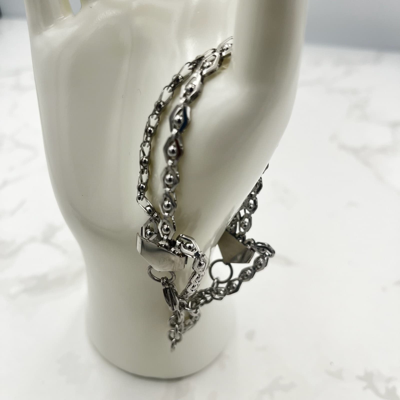 Vintage Silver Tone Multi-Layer Hexagonal Chain Bracelet w/ Lobster Clasp - Thumbnail 3