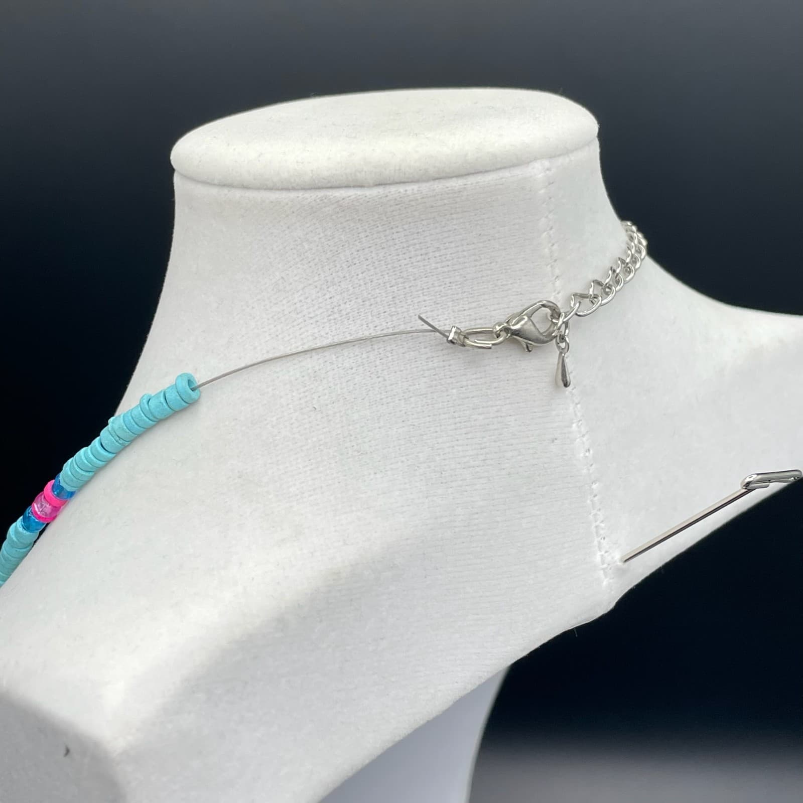 Vintage Retro Oval Link Lobster Teal Pink Charm African Vinyl Disc Beaded - Thumbnail 8