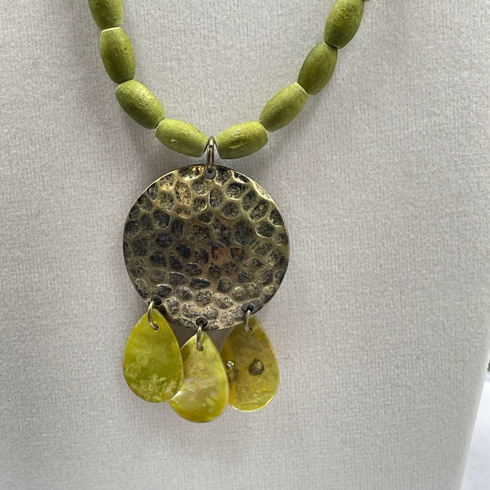 Vintage African Olive Dyed Wooden Beads Bohemian-Chic Charm Pendant Necklace - Thumbnail 14