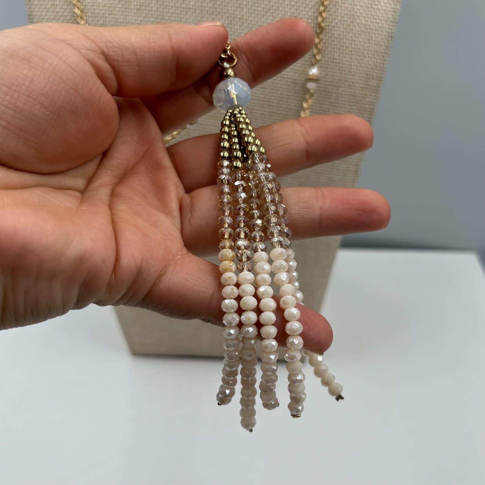 Vintage Gold Tone Long Beaded Tassel Pendant Necklace Statement Costume Jewelry - Thumbnail 4