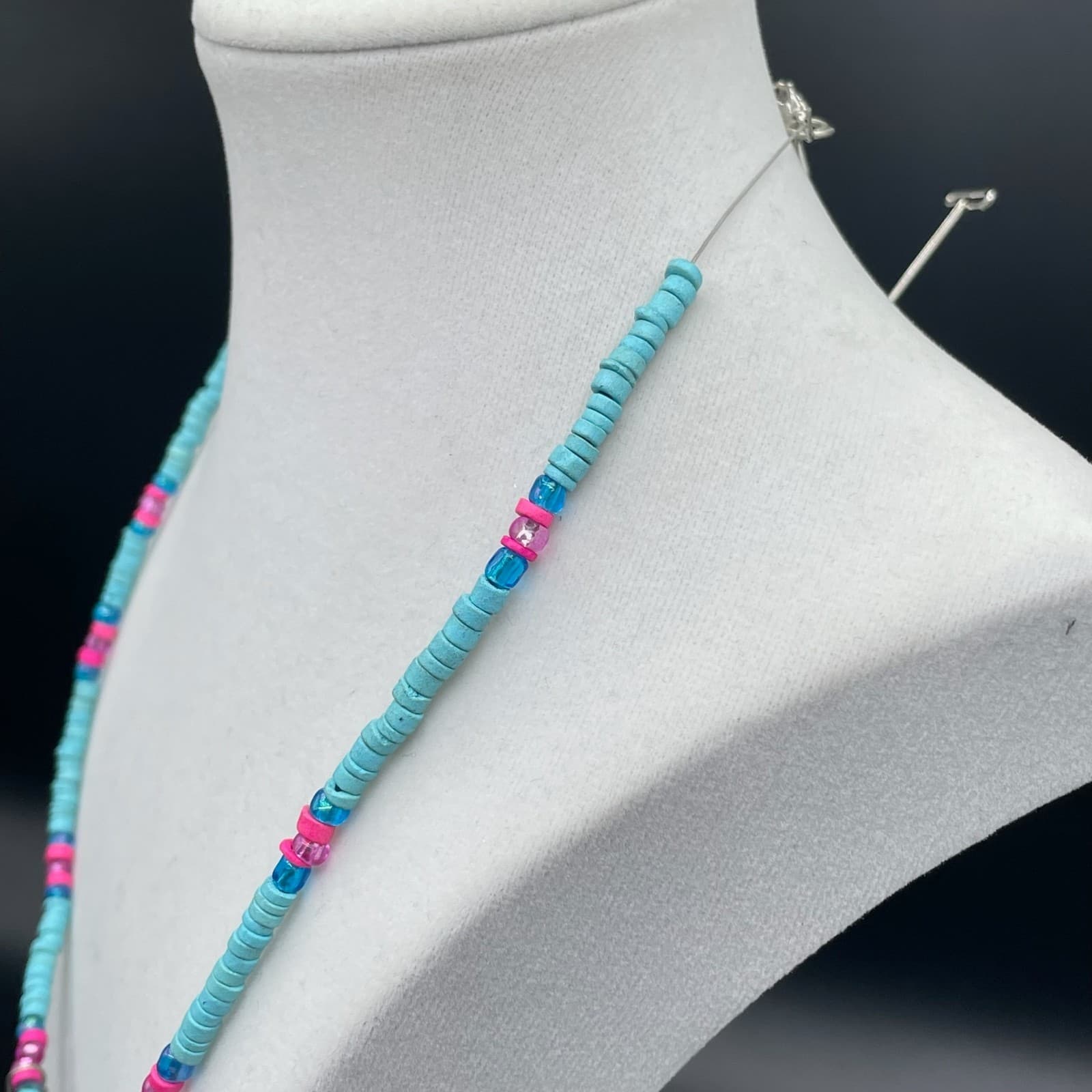 Vintage Retro Oval Link Lobster Teal Pink Charm African Vinyl Disc Beaded - Thumbnail 7